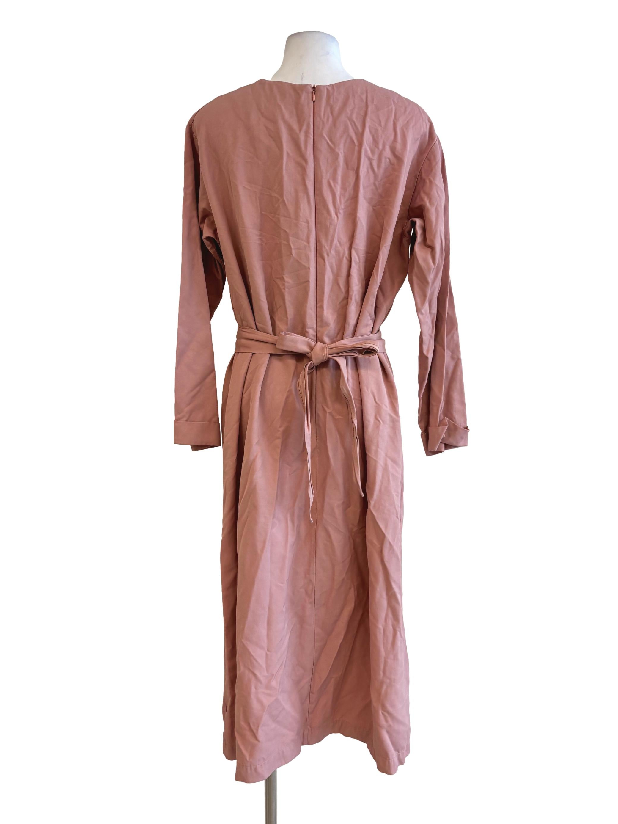 Coral Pink Long Sleeve Front Knot Dress