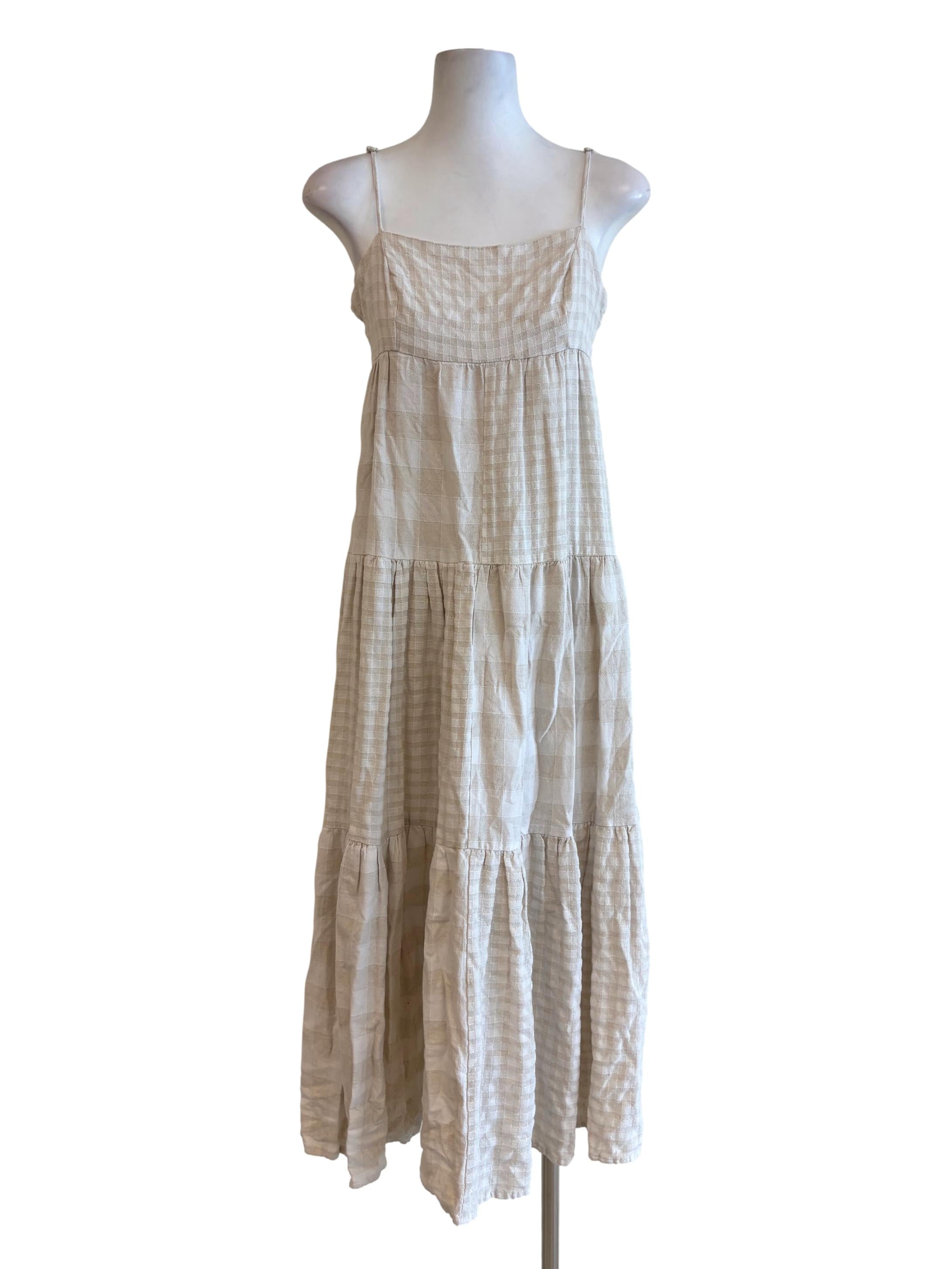 Sand White Checkered Linen Cami Dress