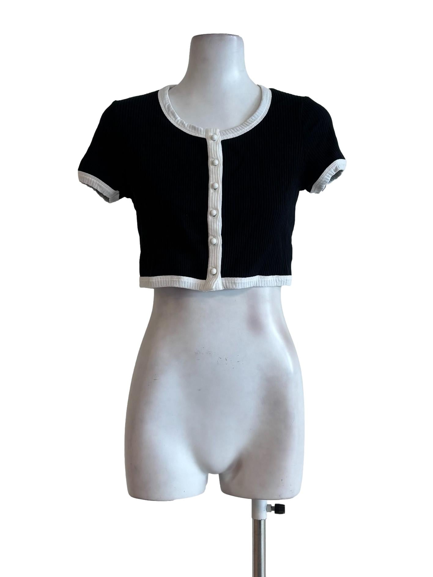 Black And White Border Ribbed Button Top