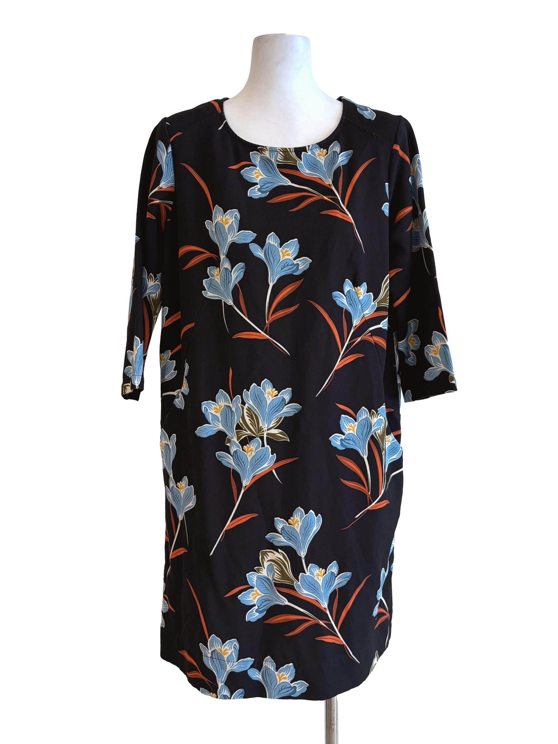 Jet Black Blue Flower Print Shift Dress