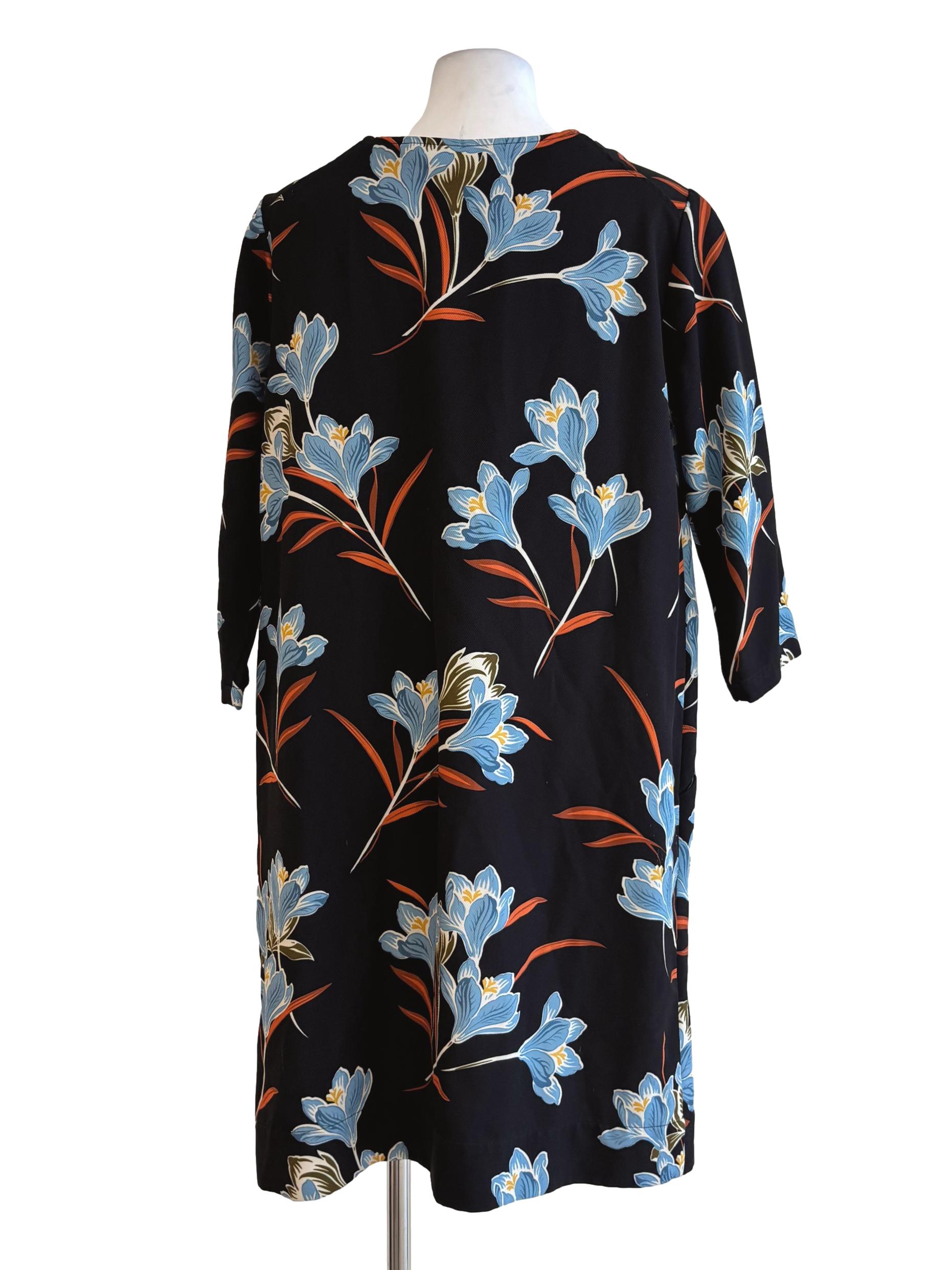 Jet Black Blue Flower Print Shift Dress
