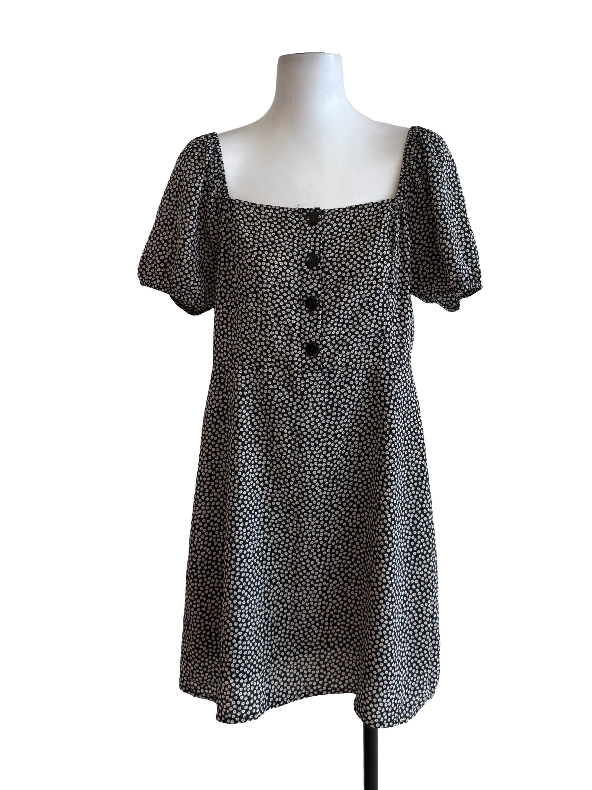 Deep Navy Floral Square Neck Dress