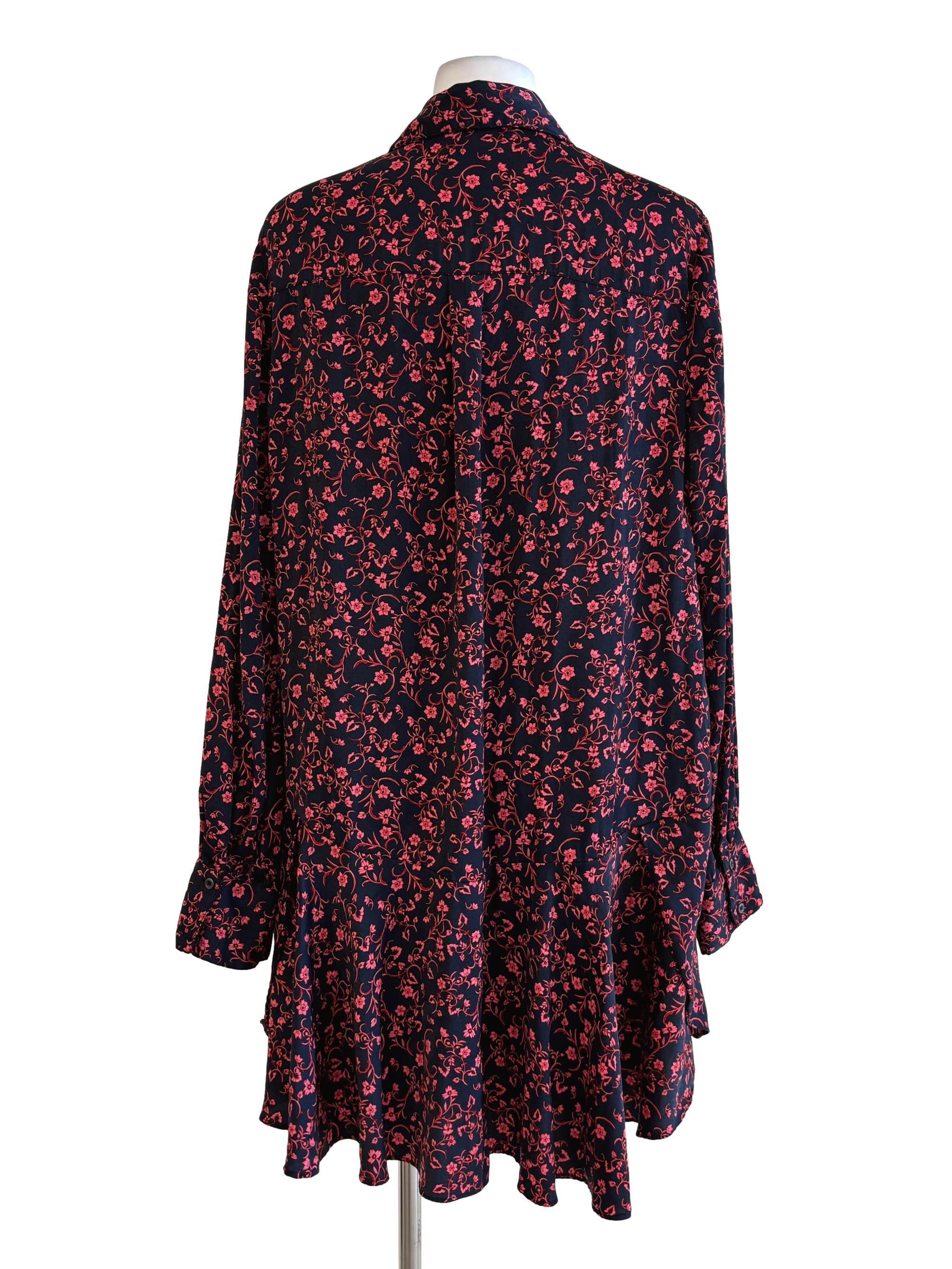 Cherry Red Floral Satin Shirt Dress