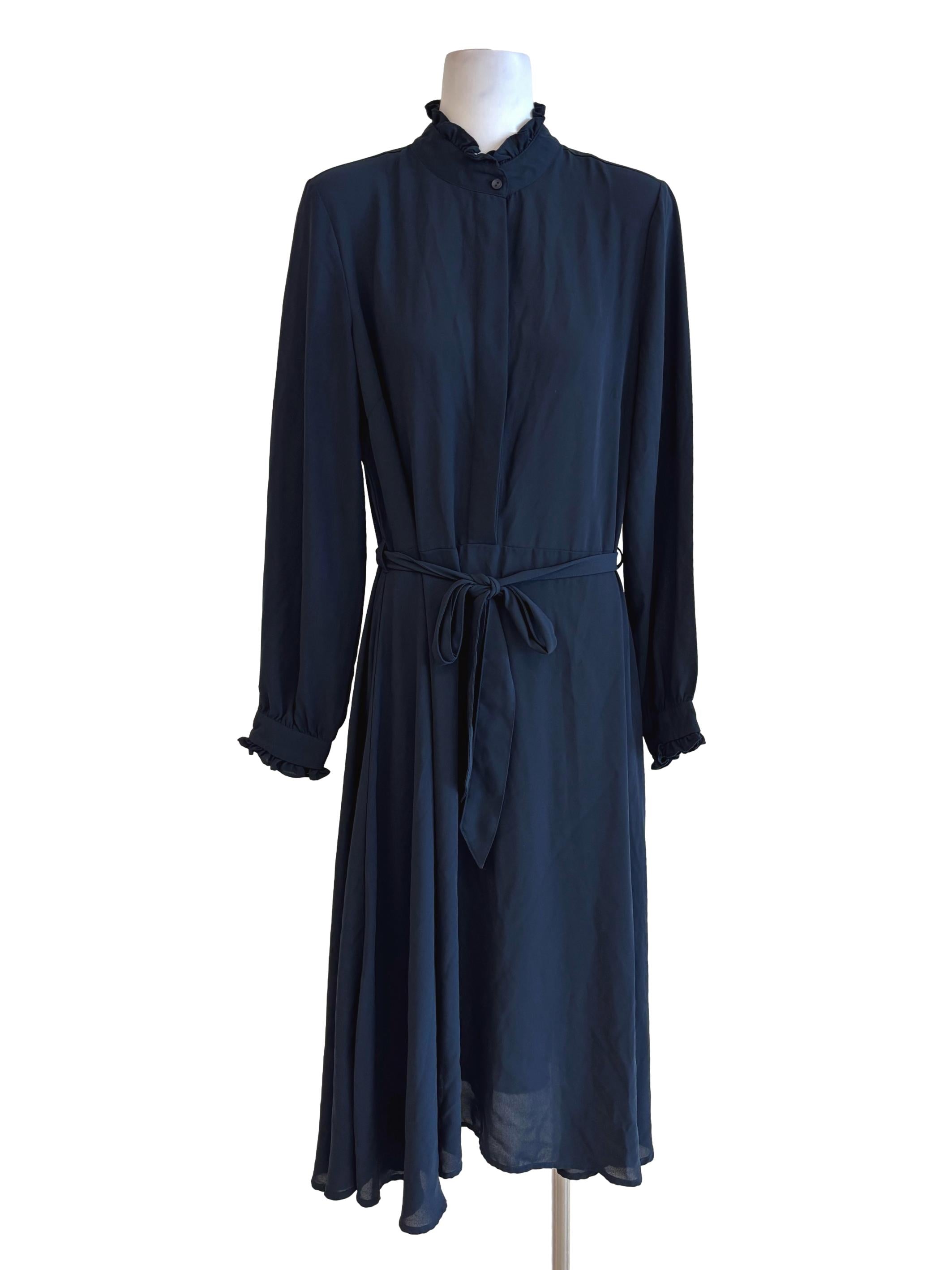 Navy Blue Long Sleeve Mock Neck Chiffon Dress