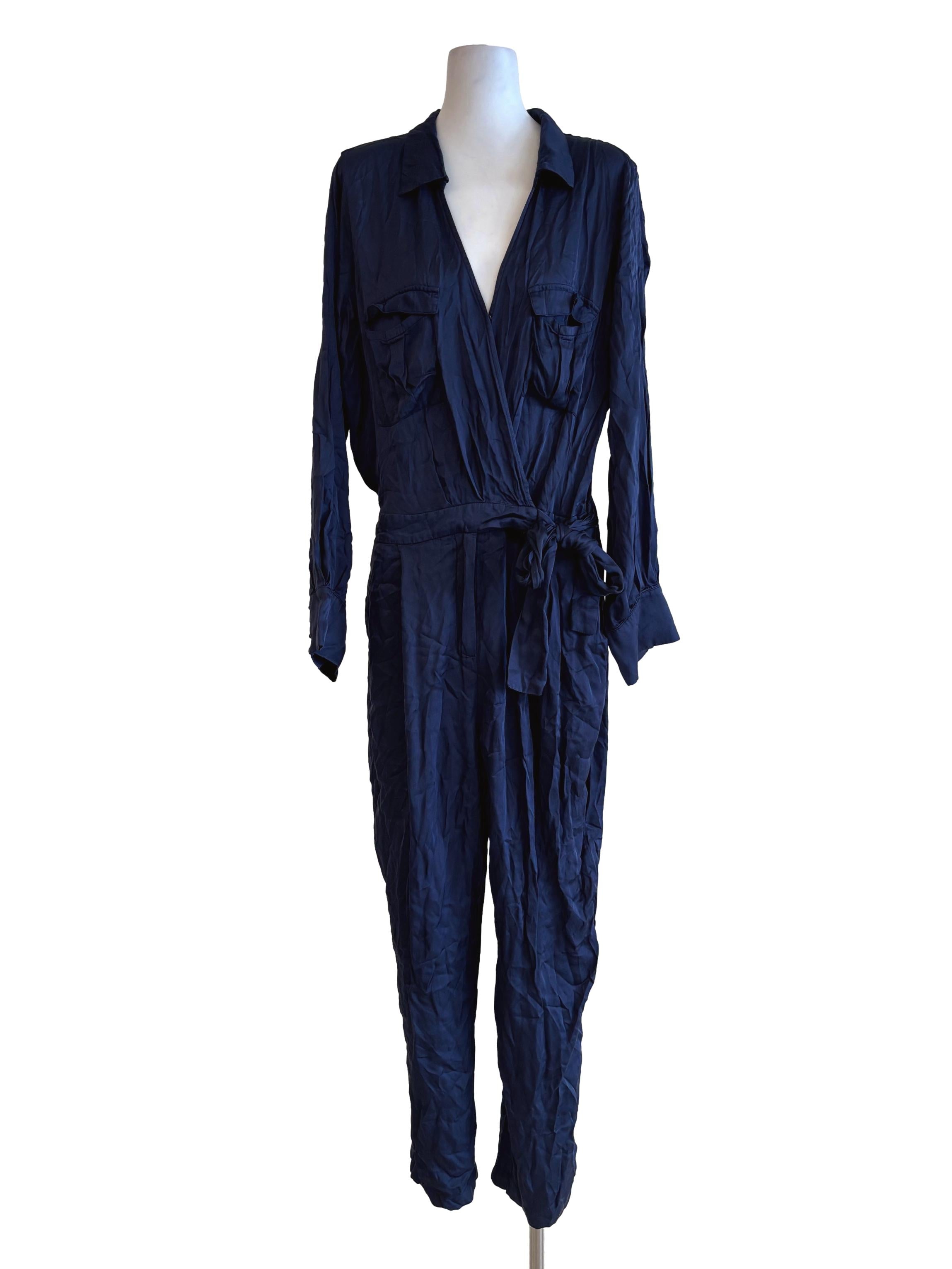 Navy Blue Satin Long Sleeve Jumpsuit