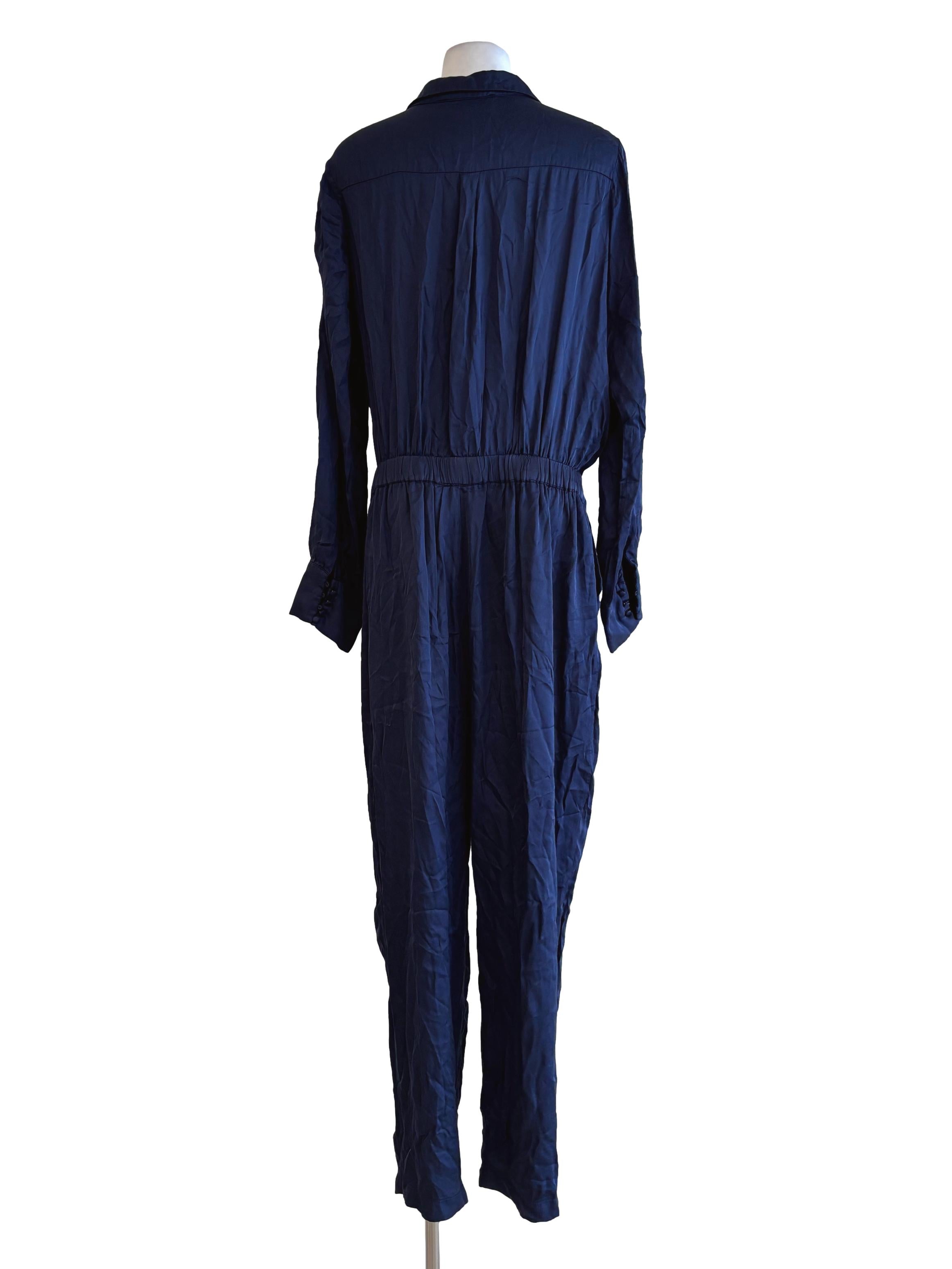 Navy Blue Satin Long Sleeve Jumpsuit