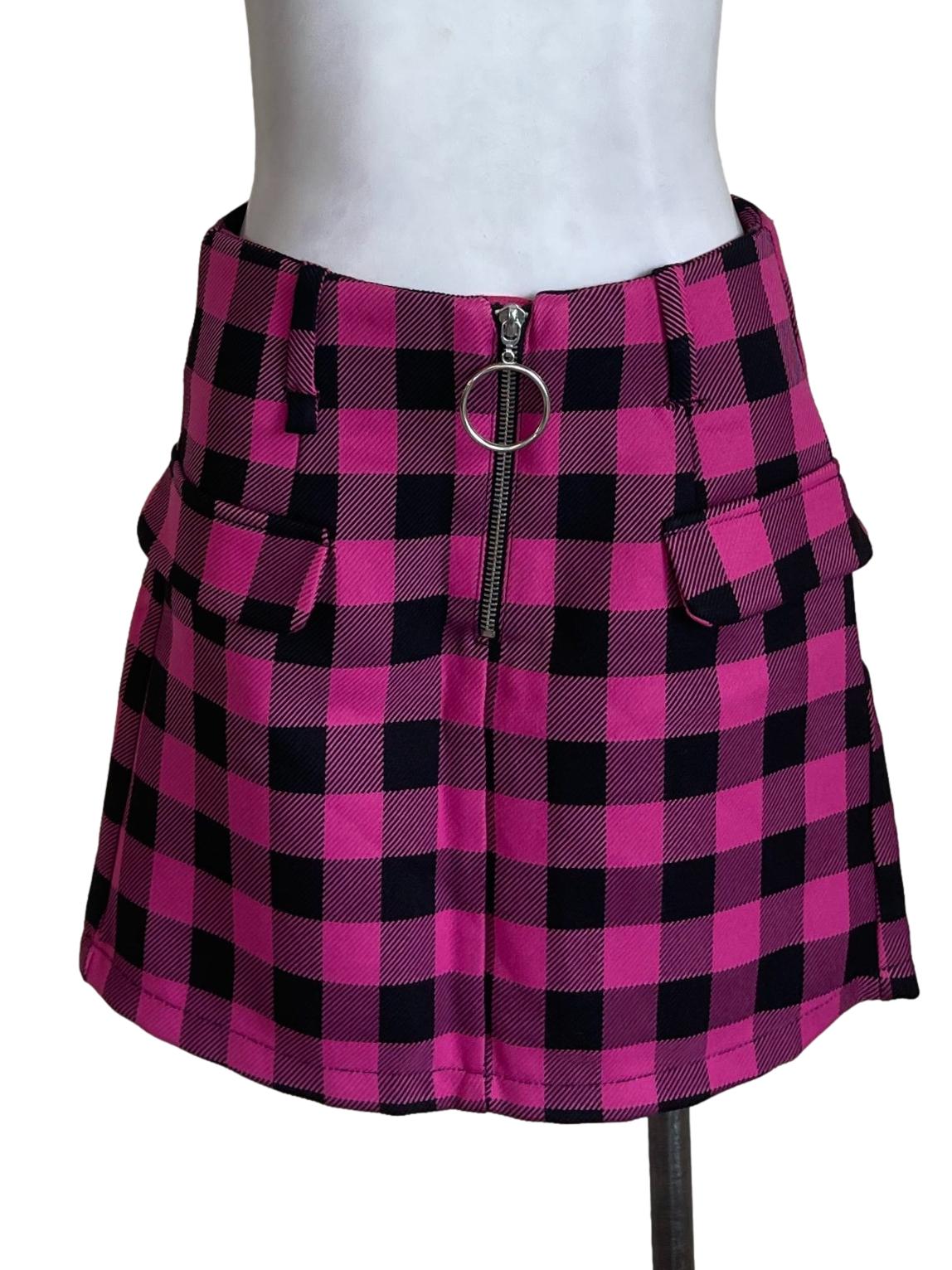 Black Pink Half Zip Plaid Mini Skirt