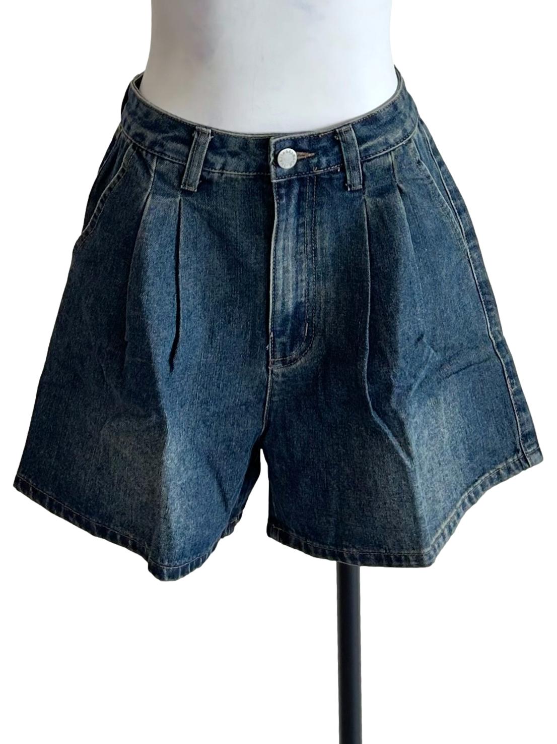 Acid Washed Blue Margaret Pleated Denim Shorts