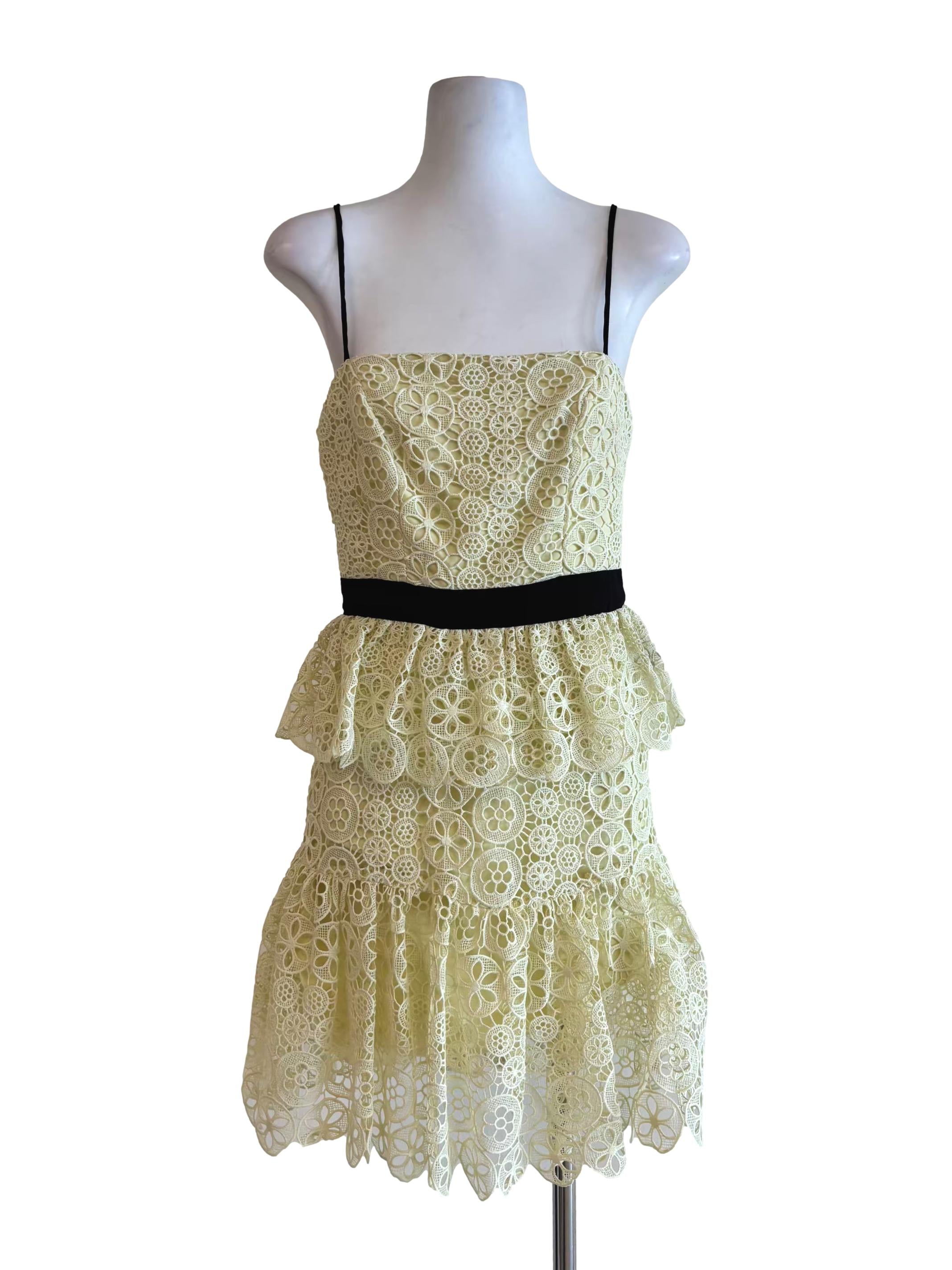 Pastel Yellow Black Strap Tier Lace Dress