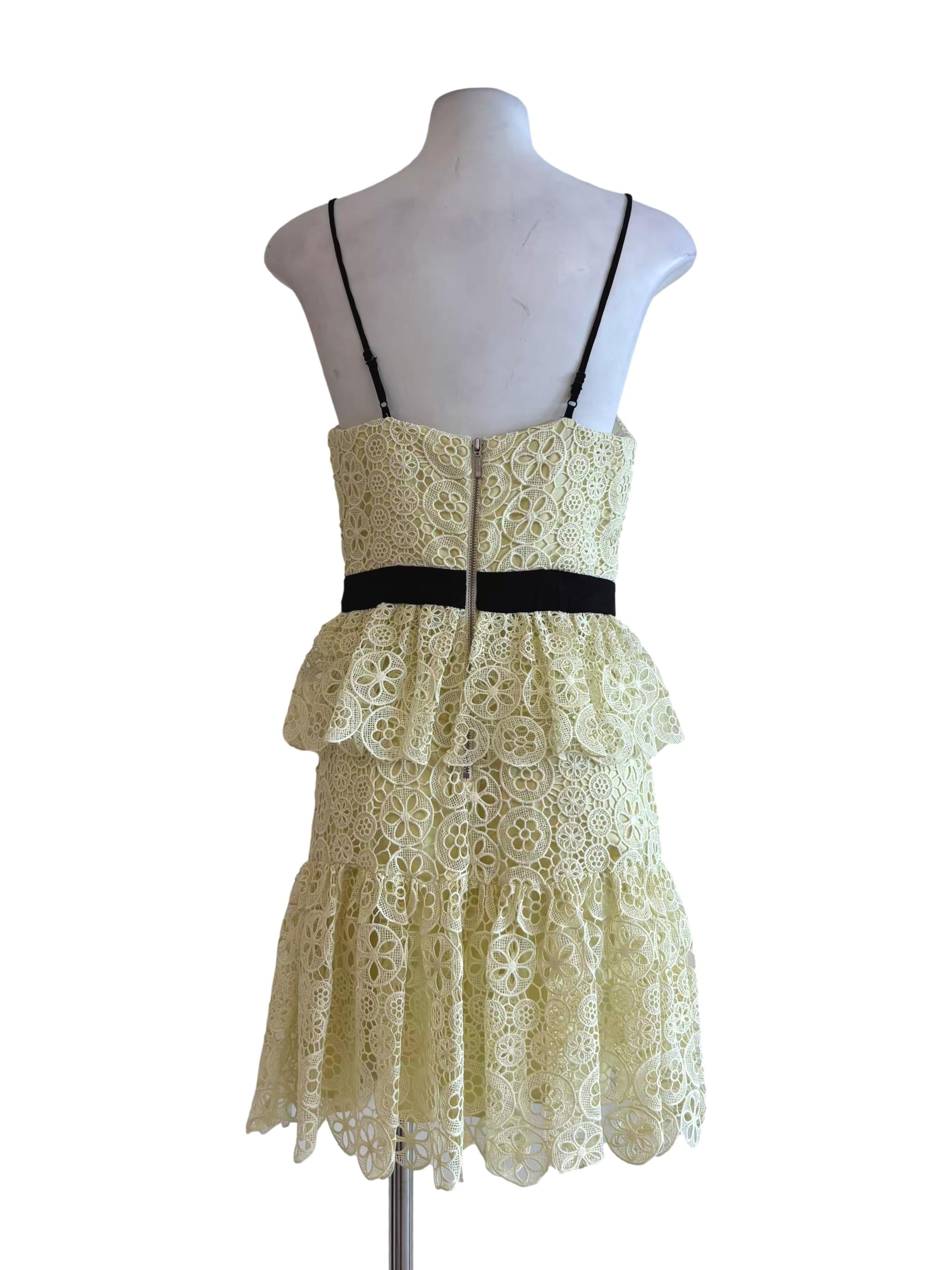 Pastel Yellow Black Strap Tier Lace Dress