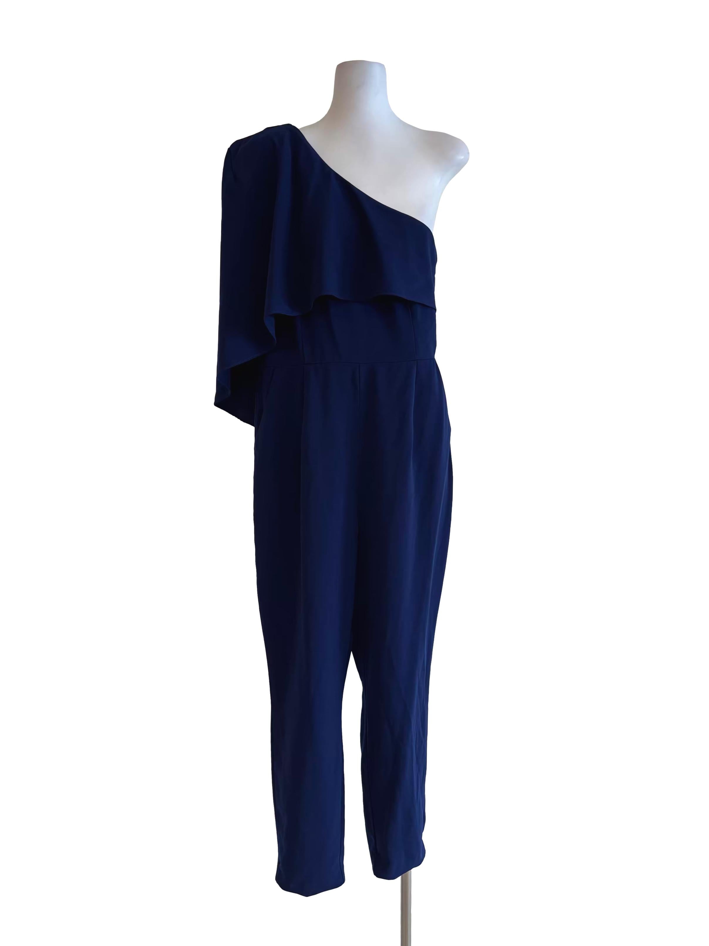 Navy Blue One Shoulder Drape Jumpsuit