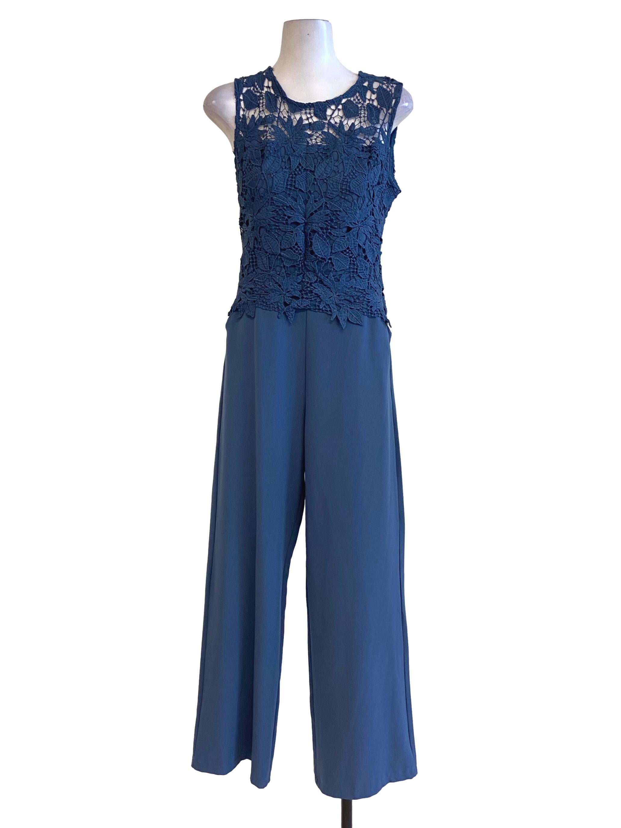 Ash Blue Half Floral Laced Sleeveless Jumpsuit
