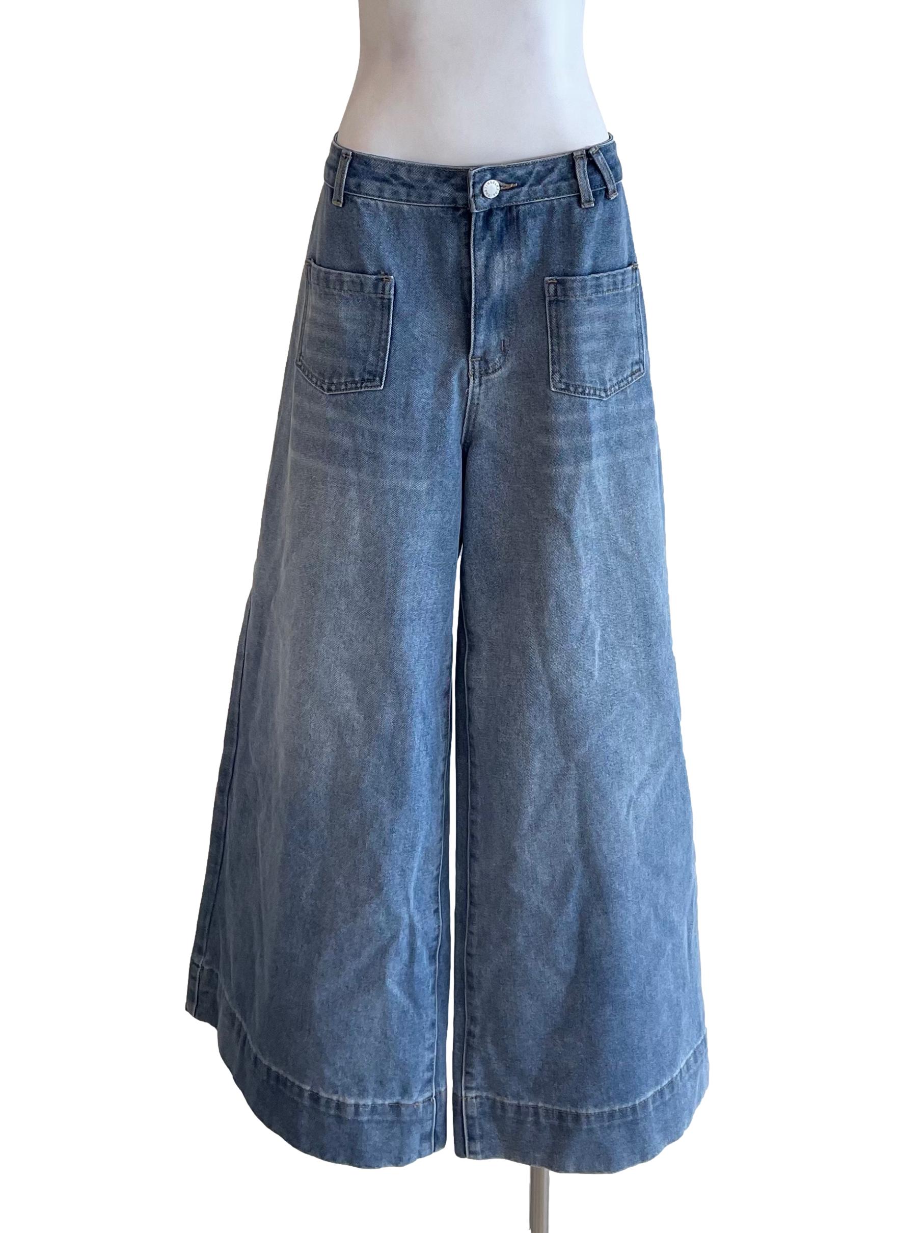 Ash Blue Front Pockets Denim Culottes