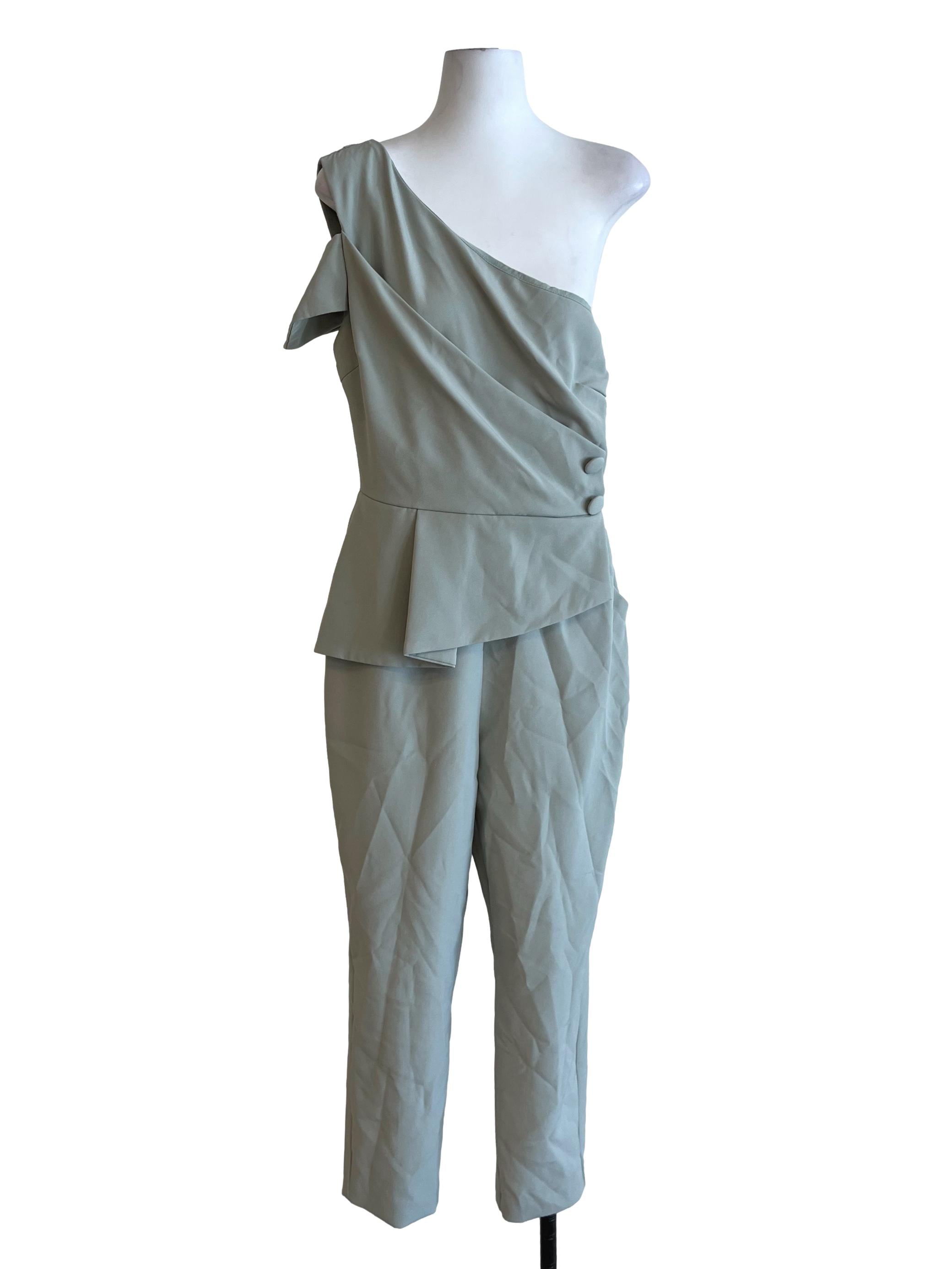 Pistachio Green Asymmetrical Neckline Jumpsuit