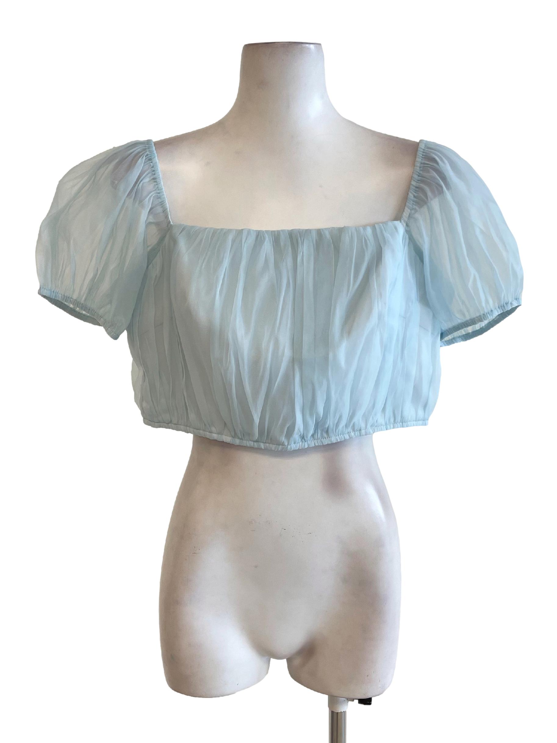 Light Blue Sheer Peasant Crop Top