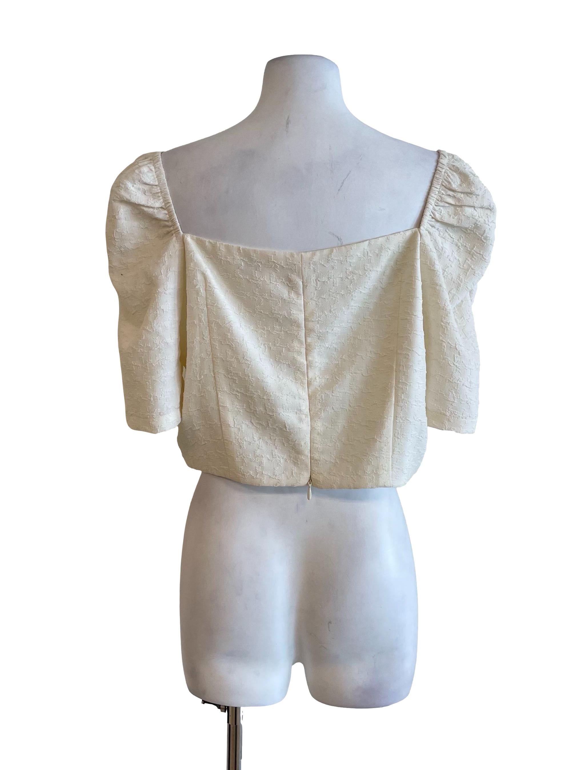 Off White Textured Puff Sleeves Crop Top
