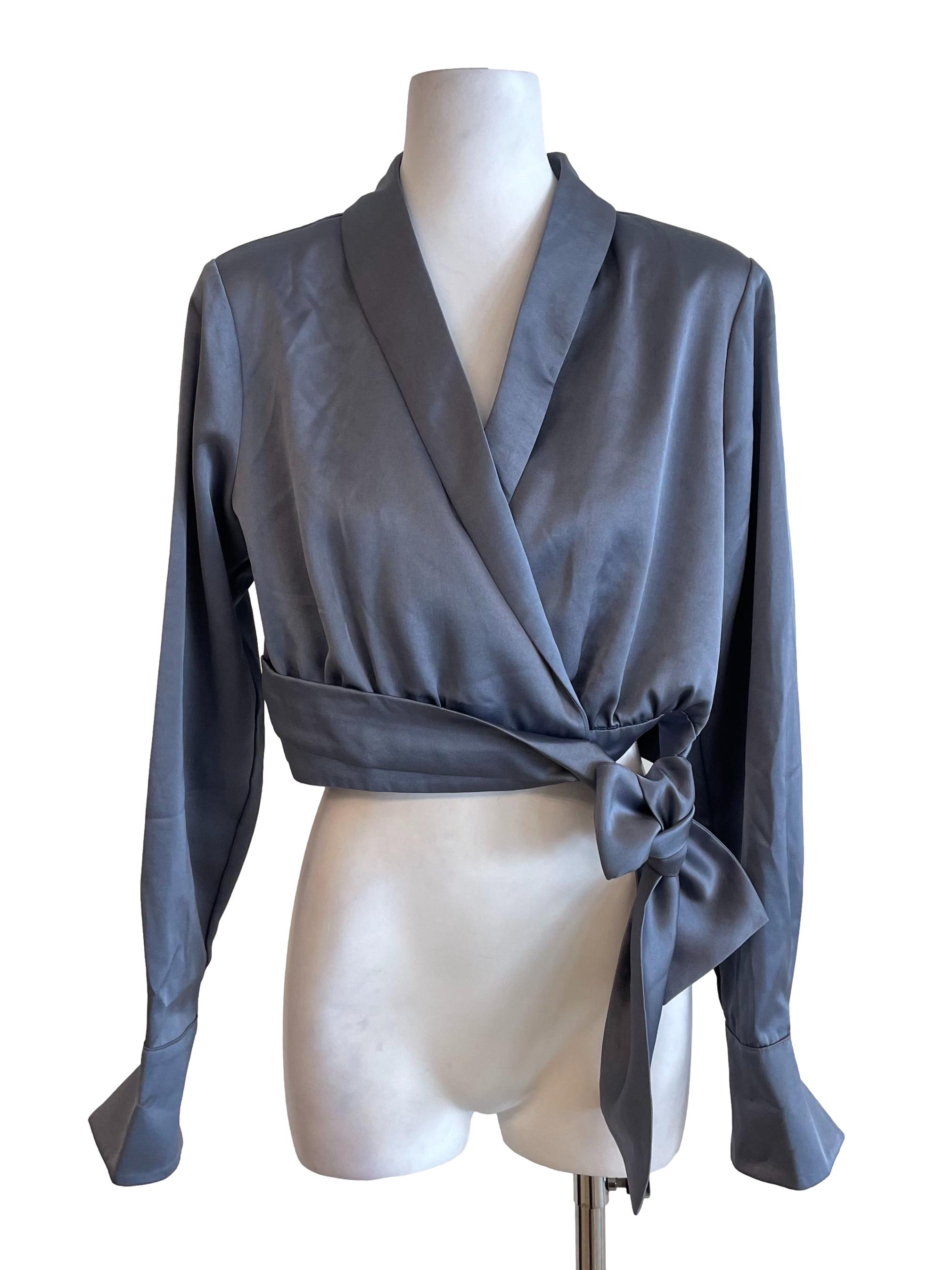 Grey Satin V Neck Short Blouse