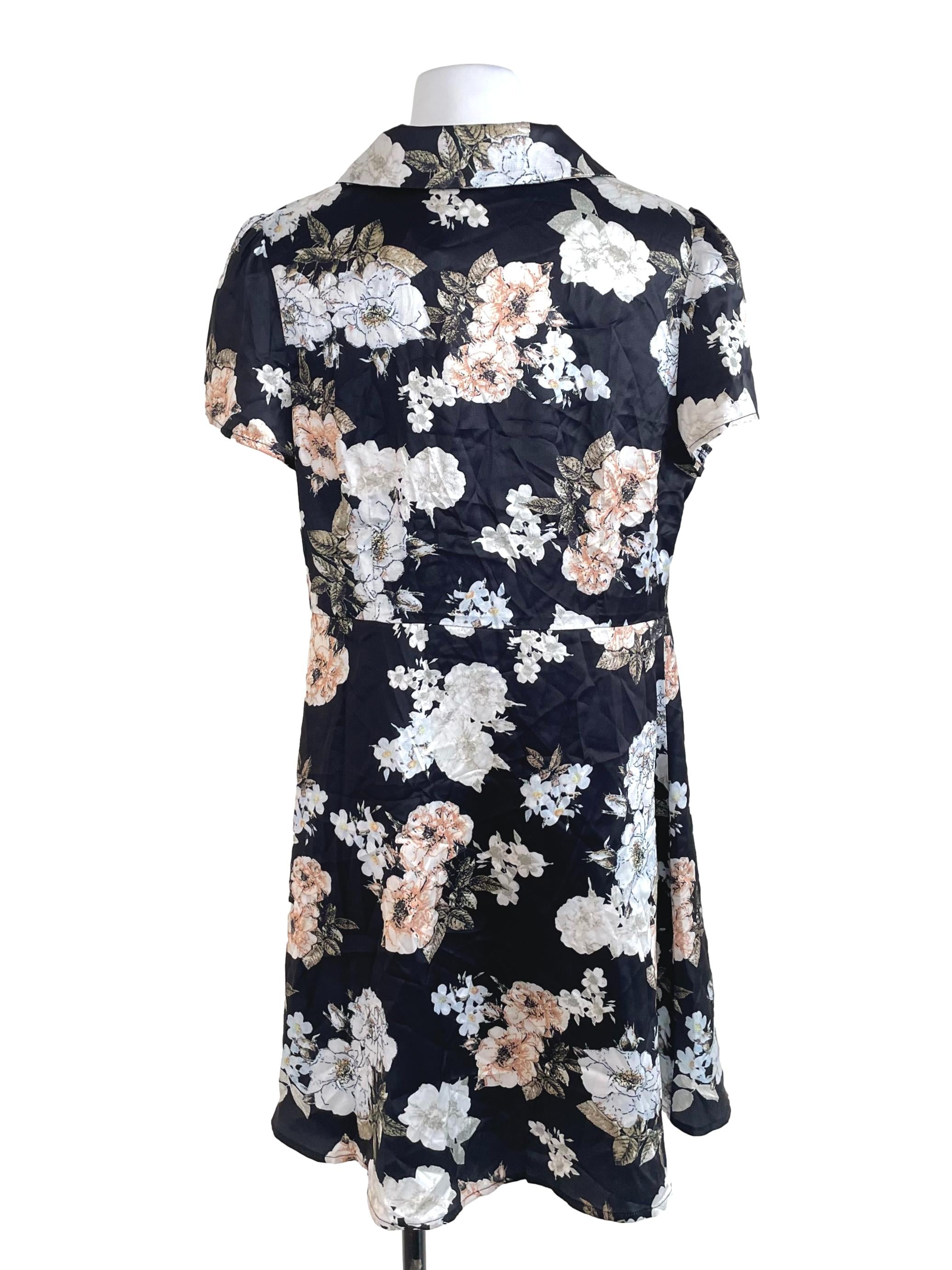 Black Floral Satin Shirt Dress