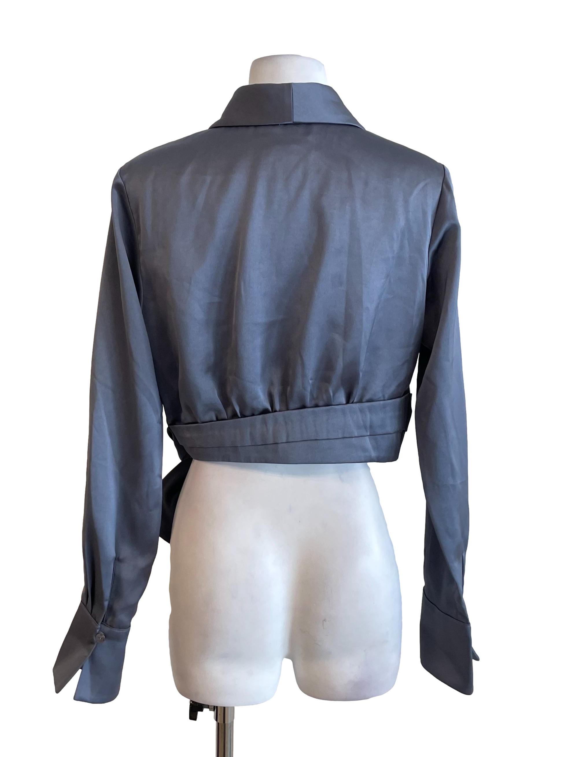 Grey Satin V Neck Short Blouse