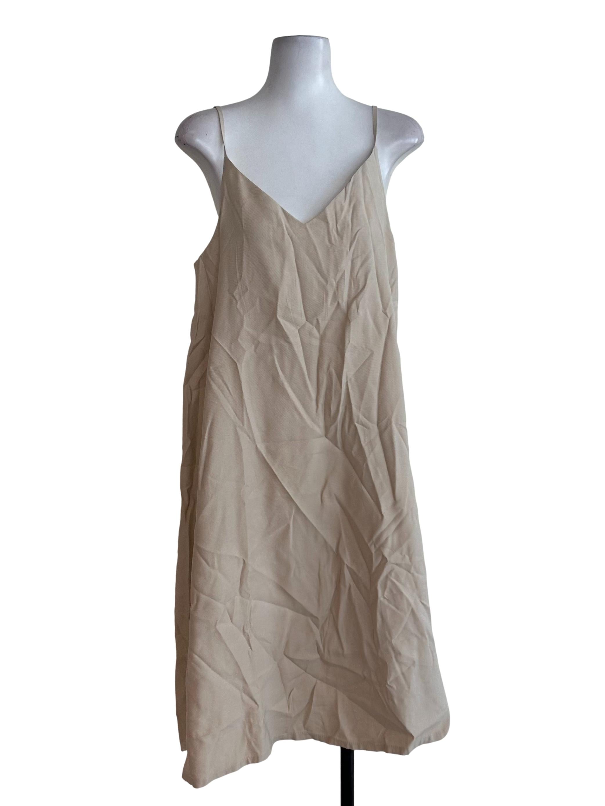 Nude Beige Plain V Neck Dress