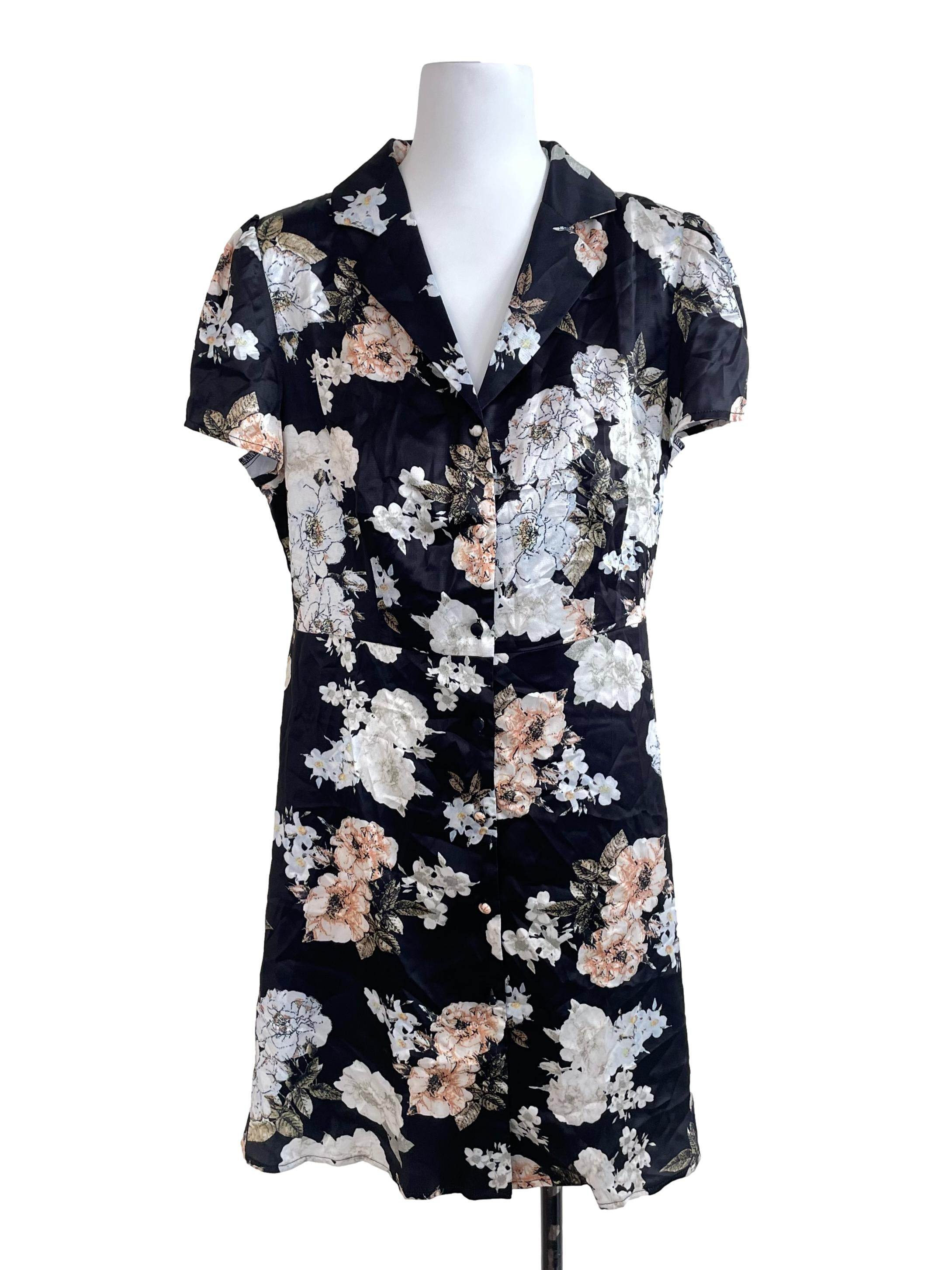 Black Floral Satin Shirt Dress