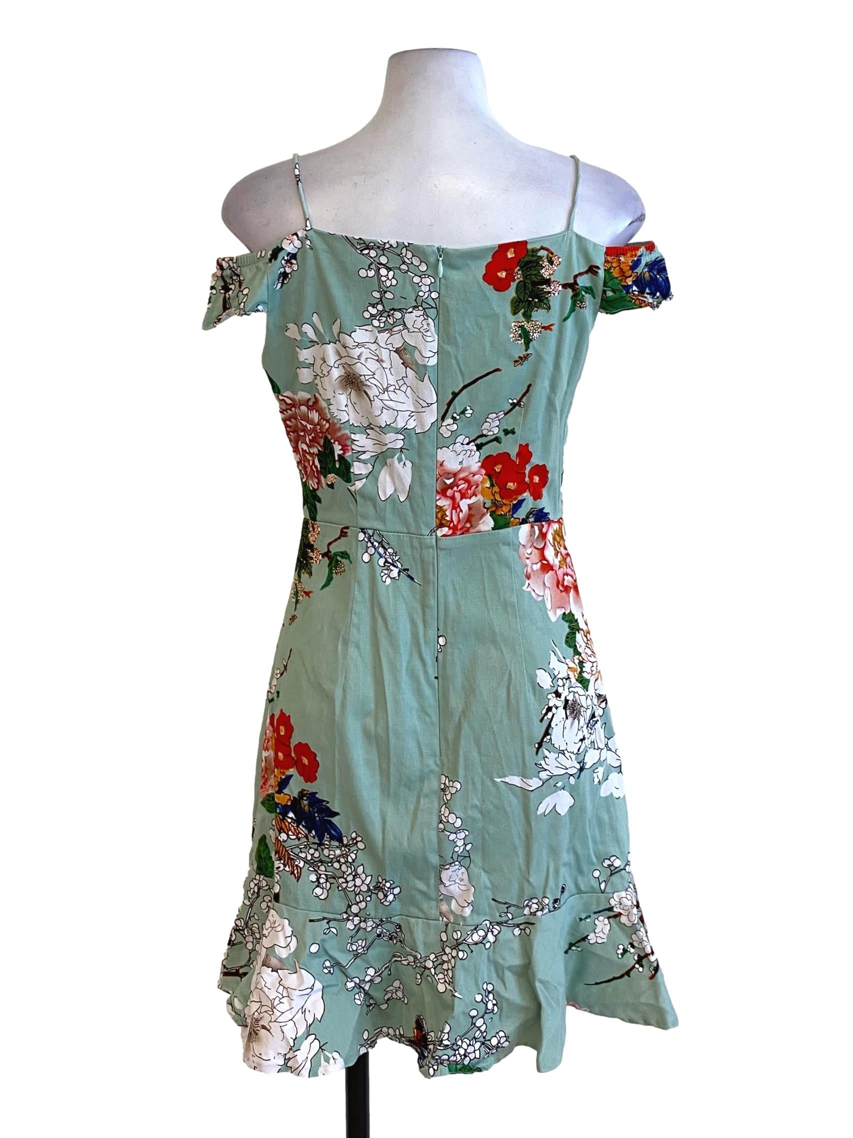 Mint Green Floral Off Shoulder Ruffled Drop Waist Dress