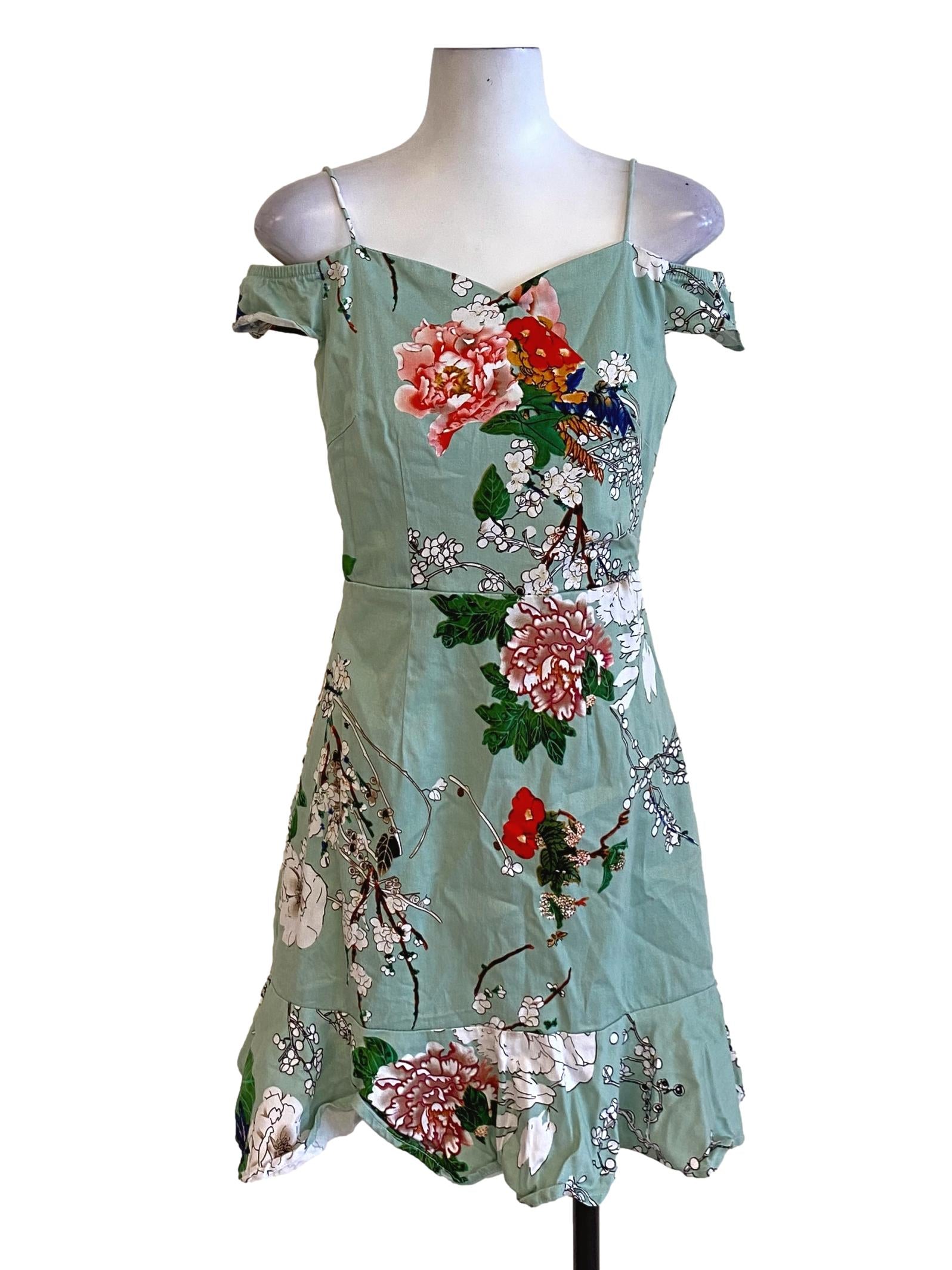 Mint Green Floral Off Shoulder Ruffled Drop Waist Dress