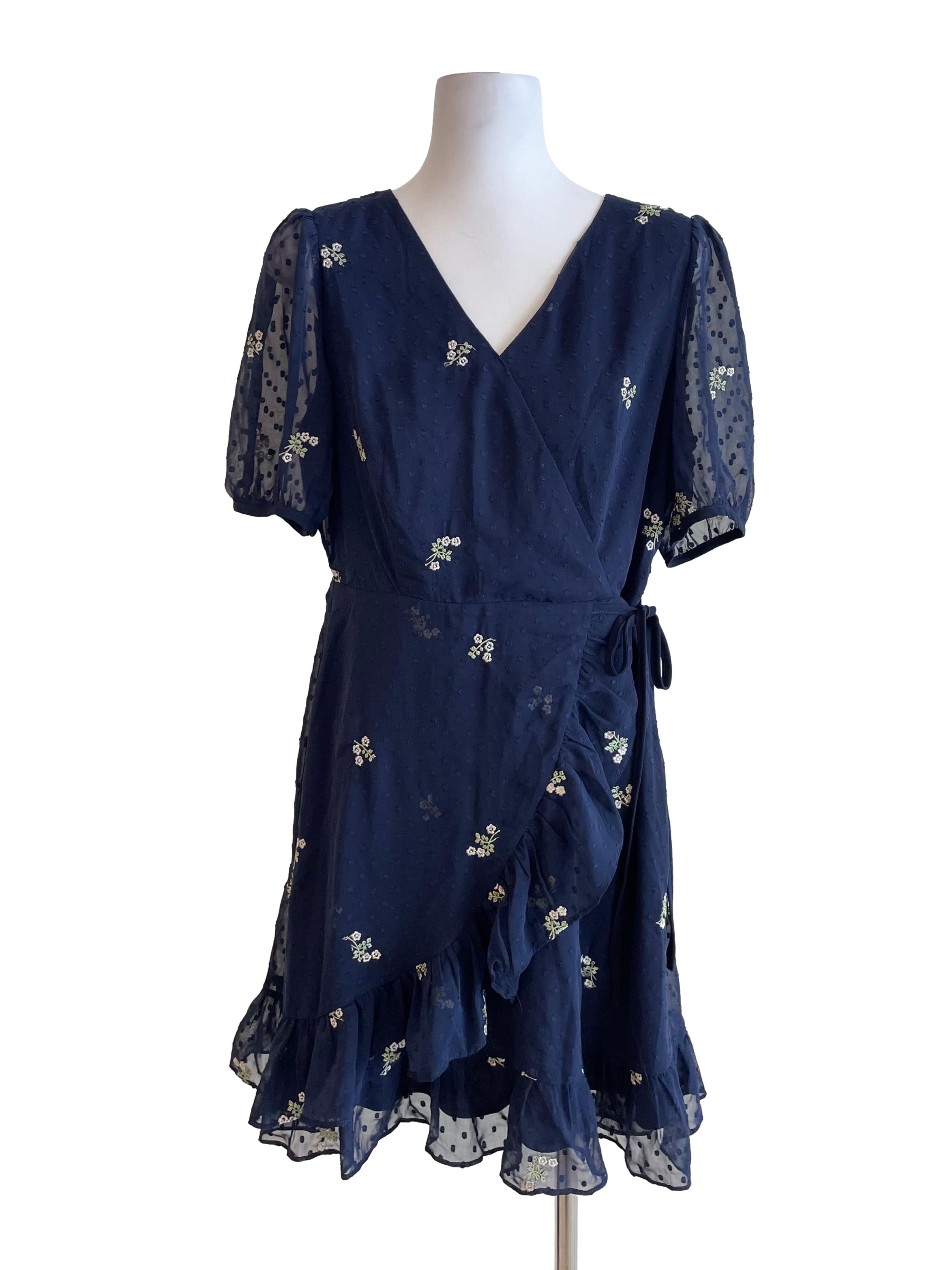 Navy Floral Overlay Chiffon Dress