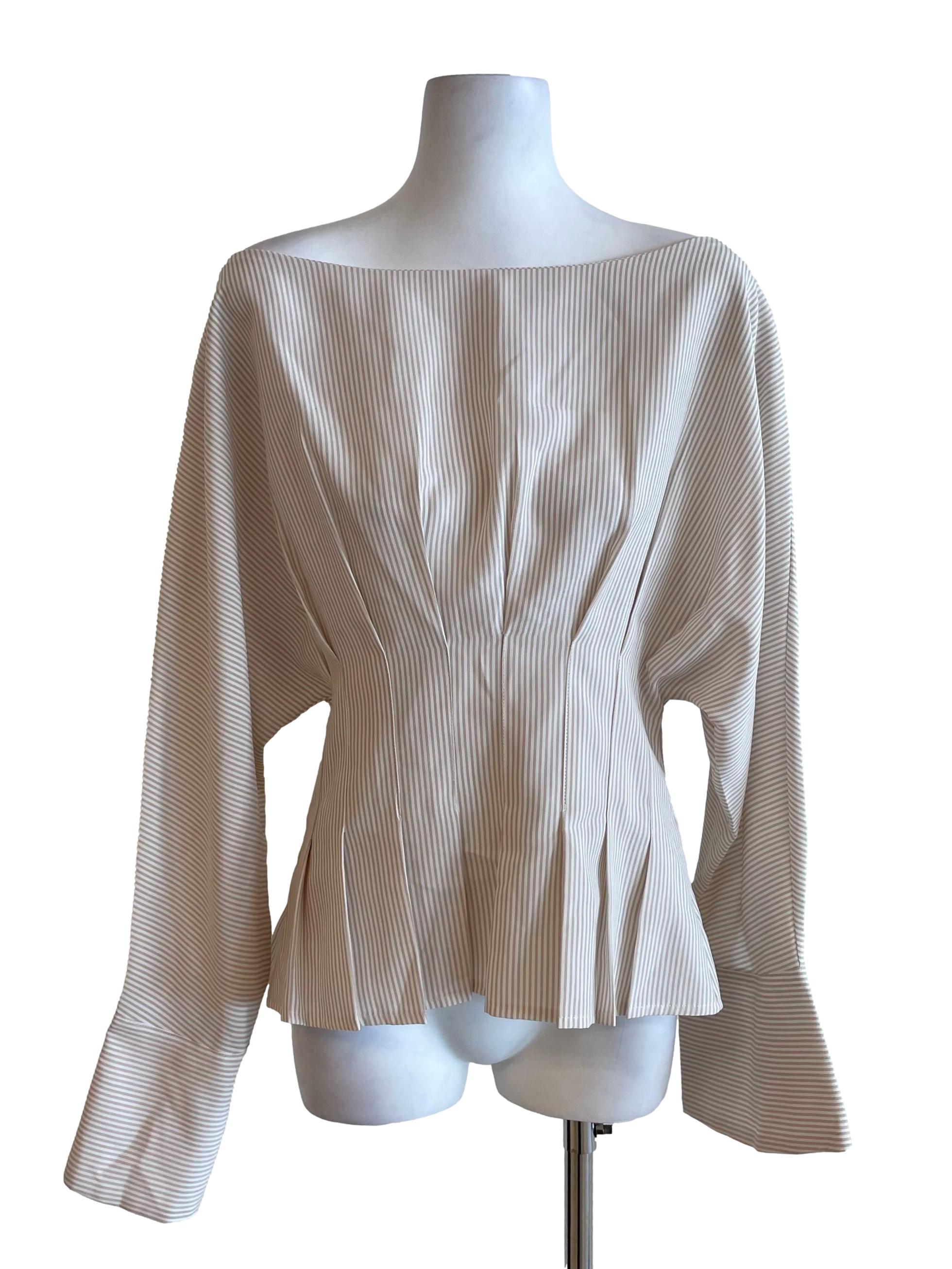 Cantaloupe Candy Stripe Pleated Boat Neck Top