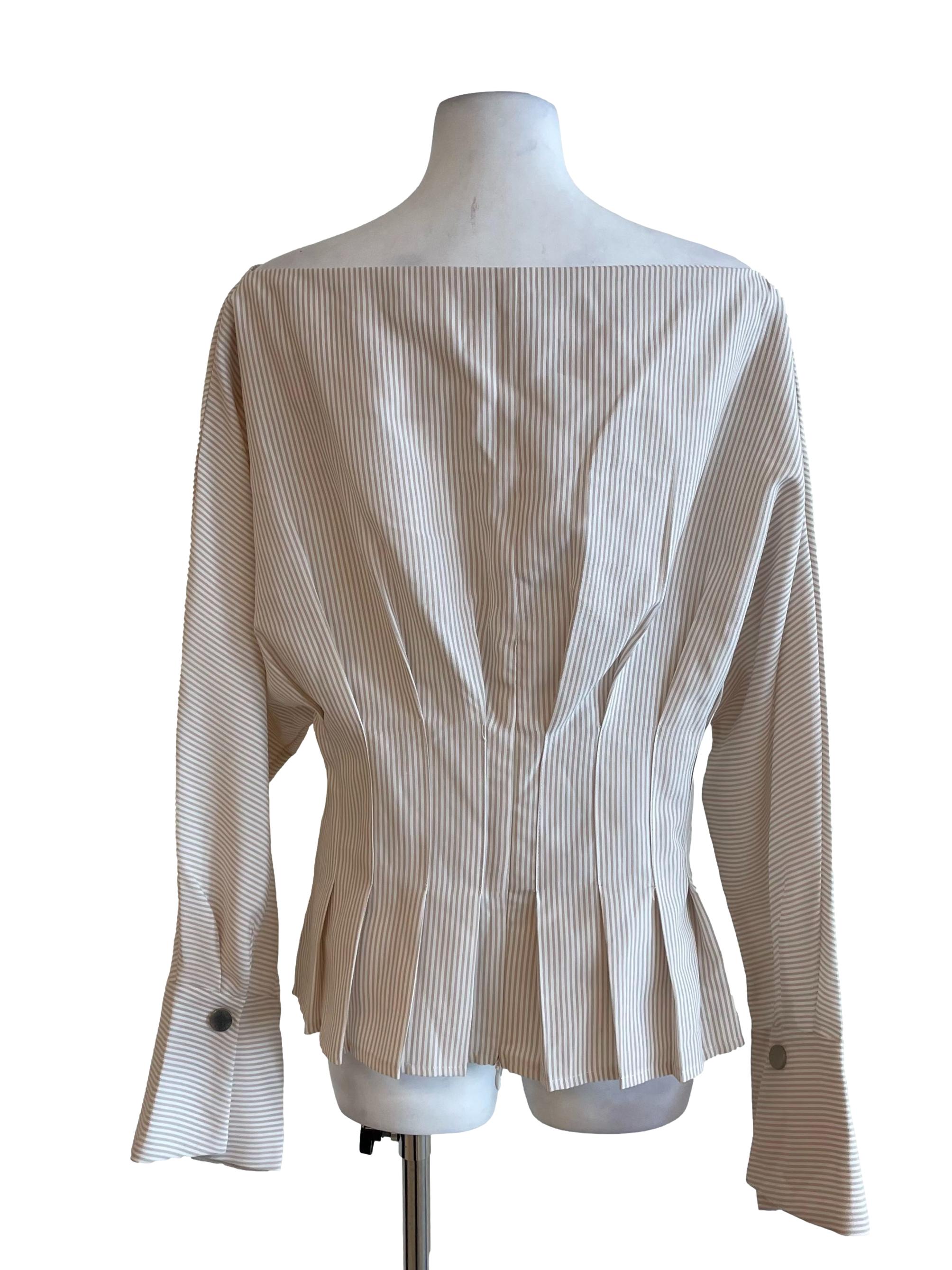 Cantaloupe Candy Stripe Pleated Boat Neck Top