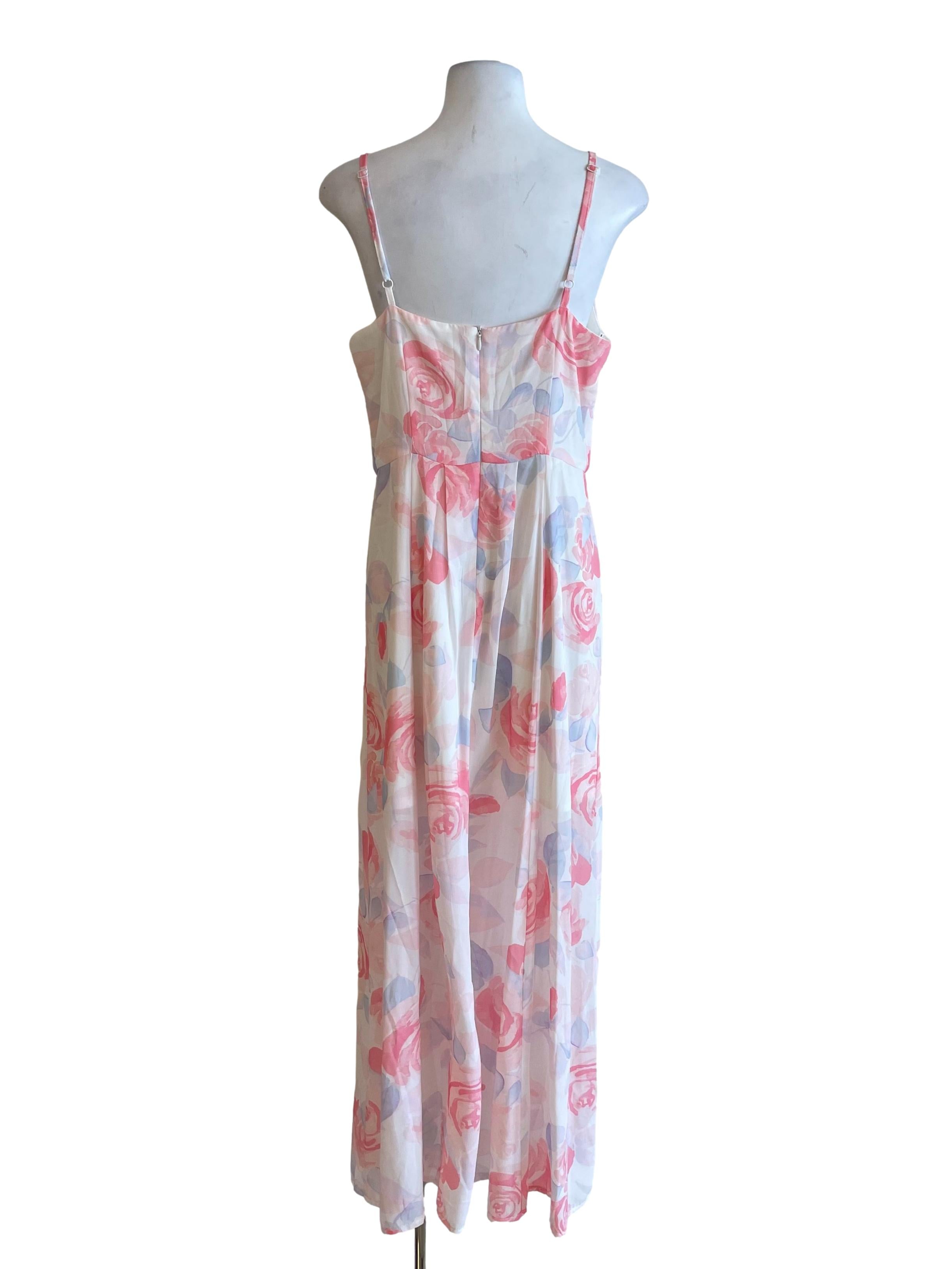 White & Pink Roses Front Slit Dress
