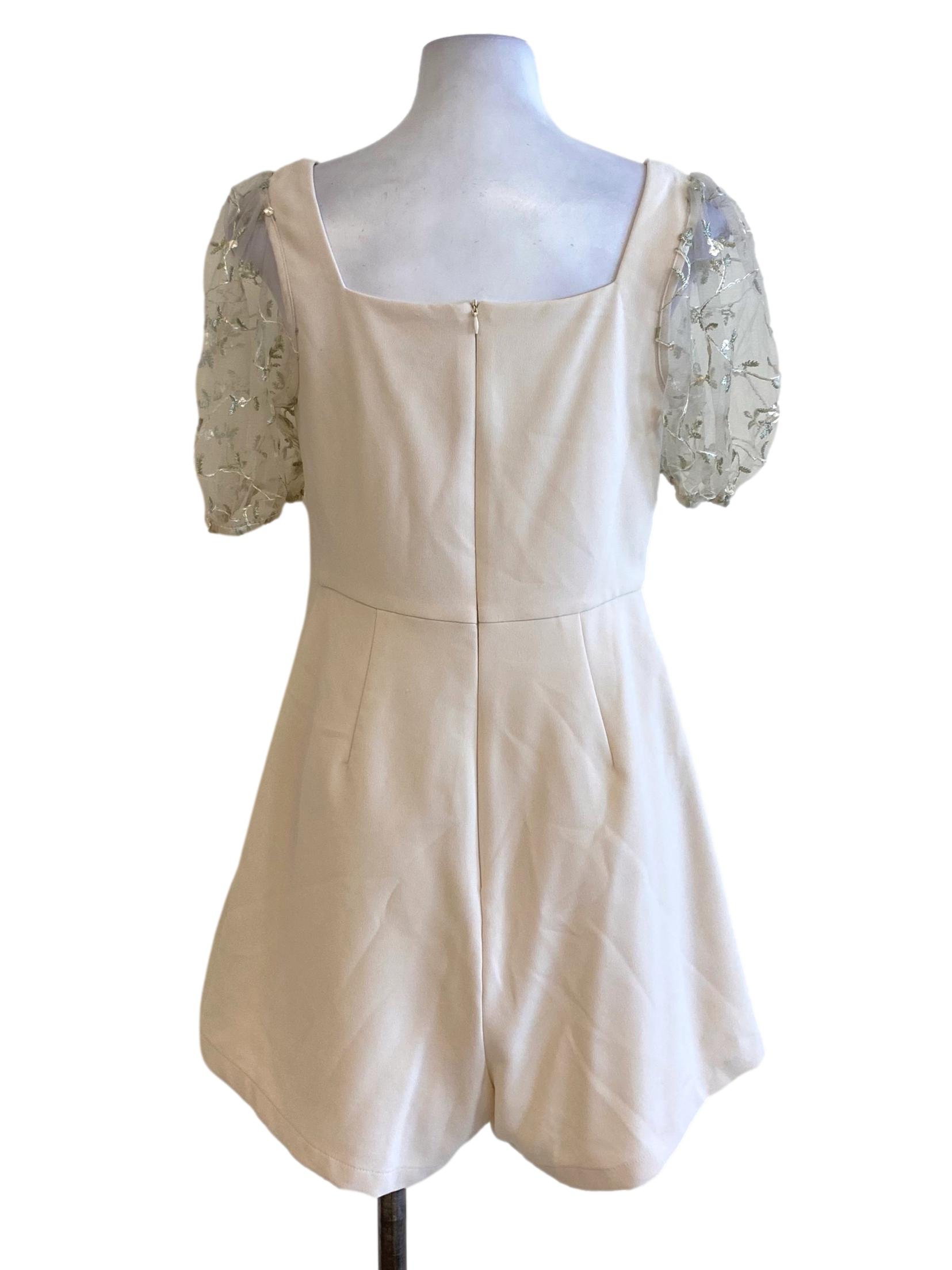 Beige Brown Floral Sleeved Sweetheart Neck Romper