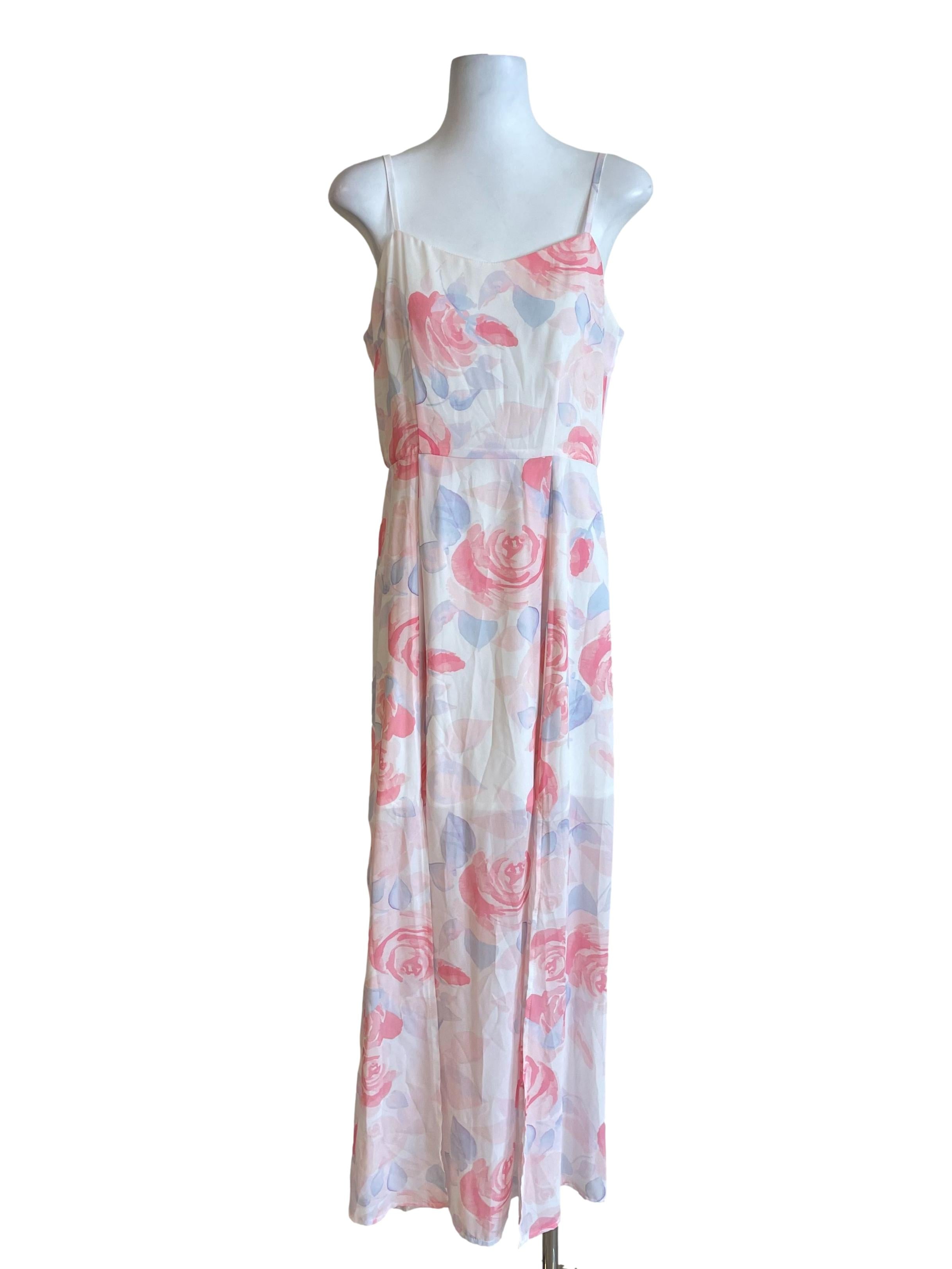 White & Pink Roses Front Slit Dress
