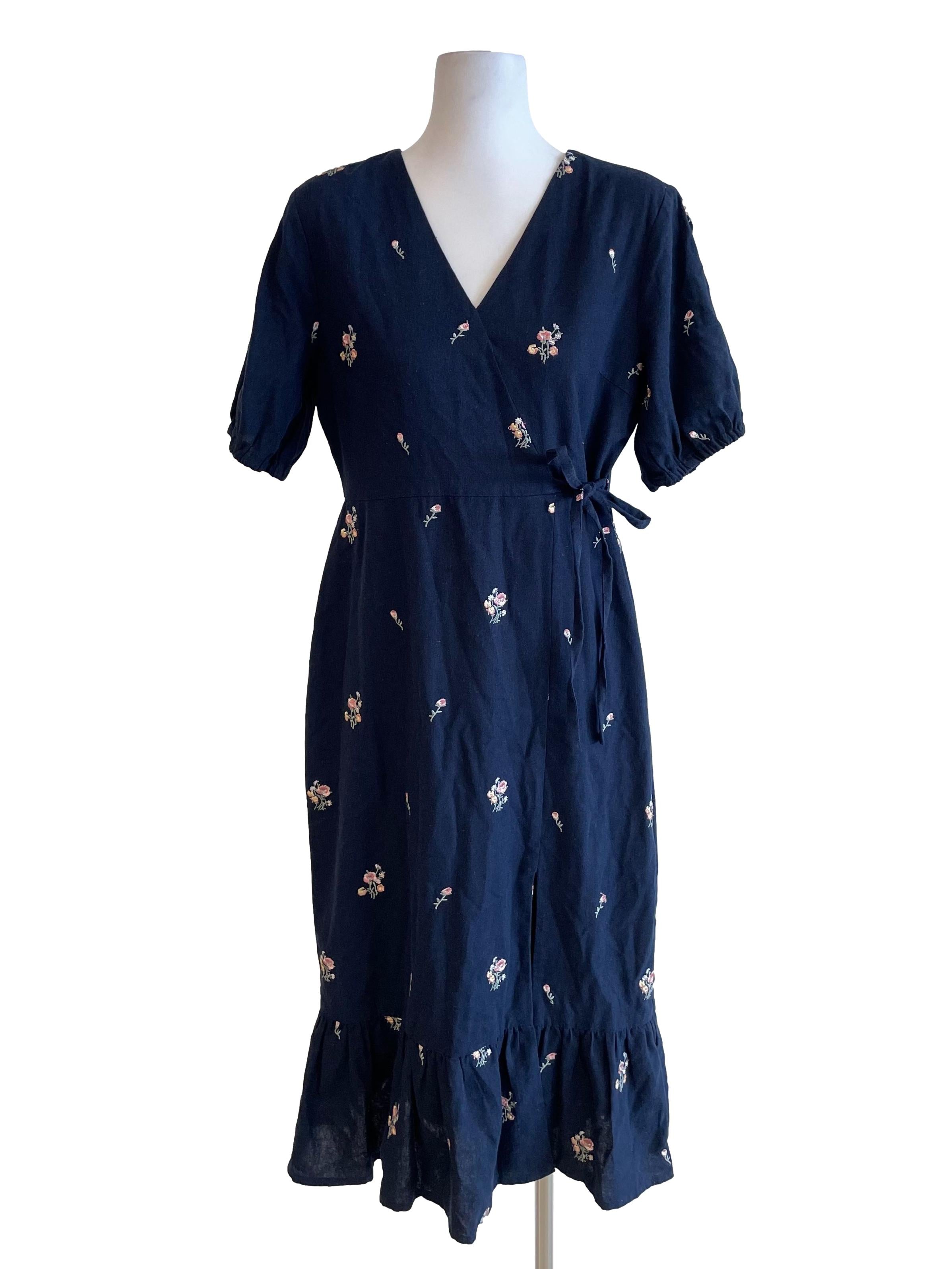 Navy Floral Stitch V Neck Slip Dress
