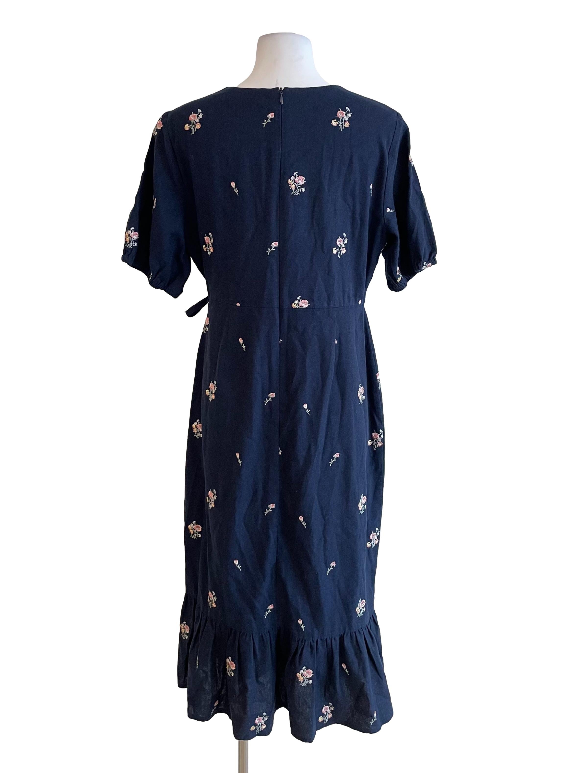 Navy Floral Stitch V Neck Slip Dress