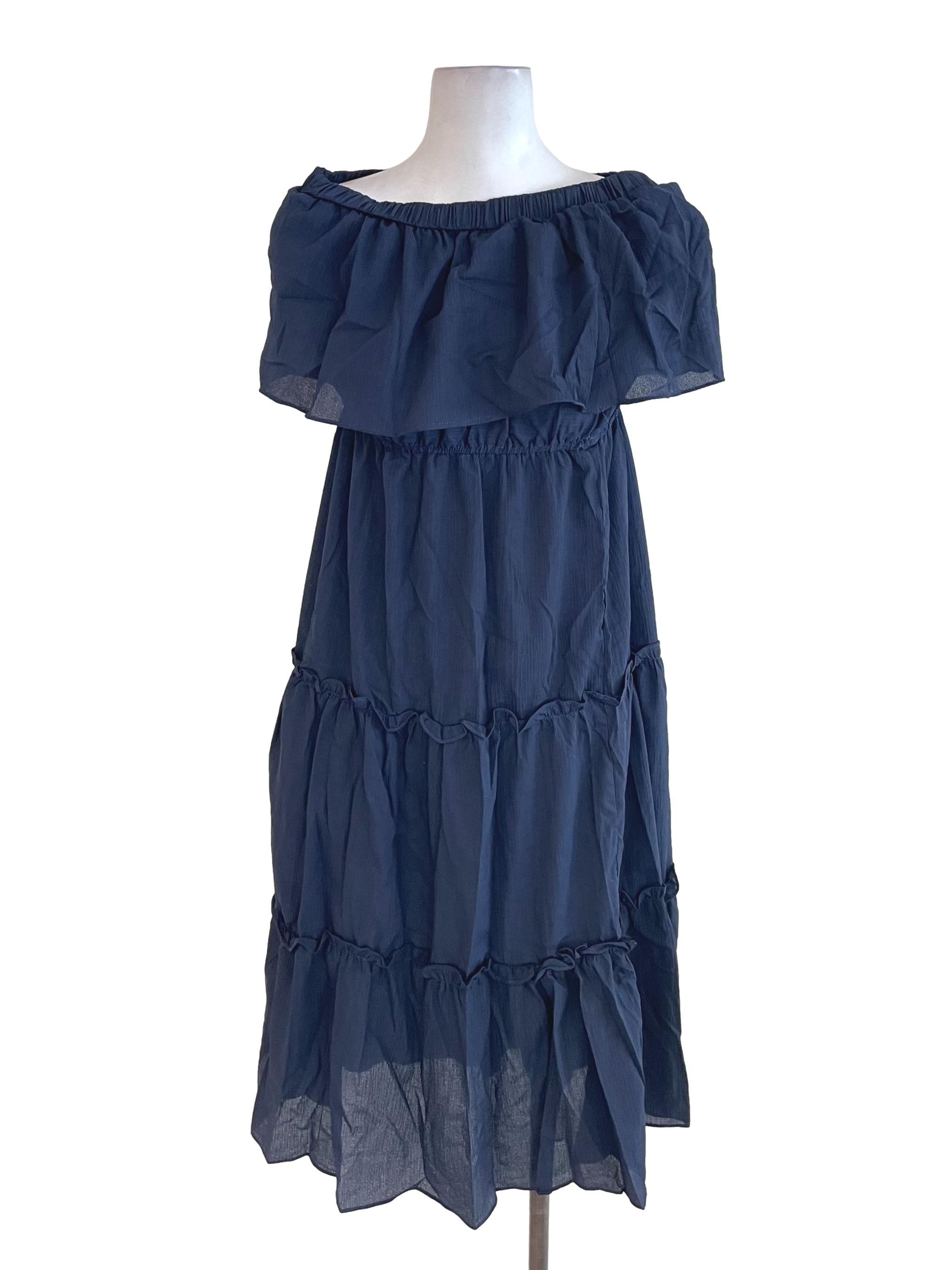 Deep Blue Tiered Off-Shoulder Dress