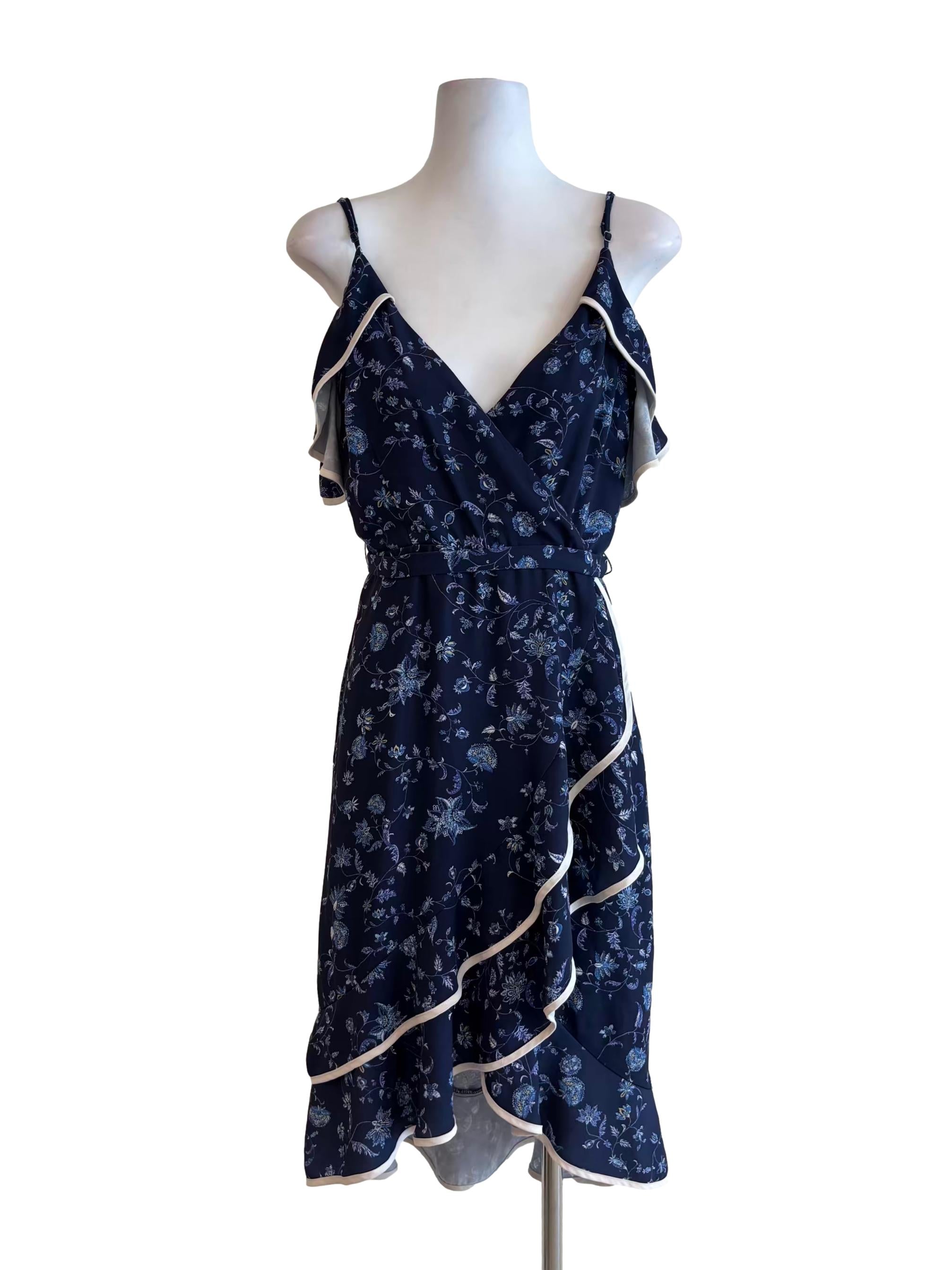 Navy Blue Floral Ruffle Surplice Dress