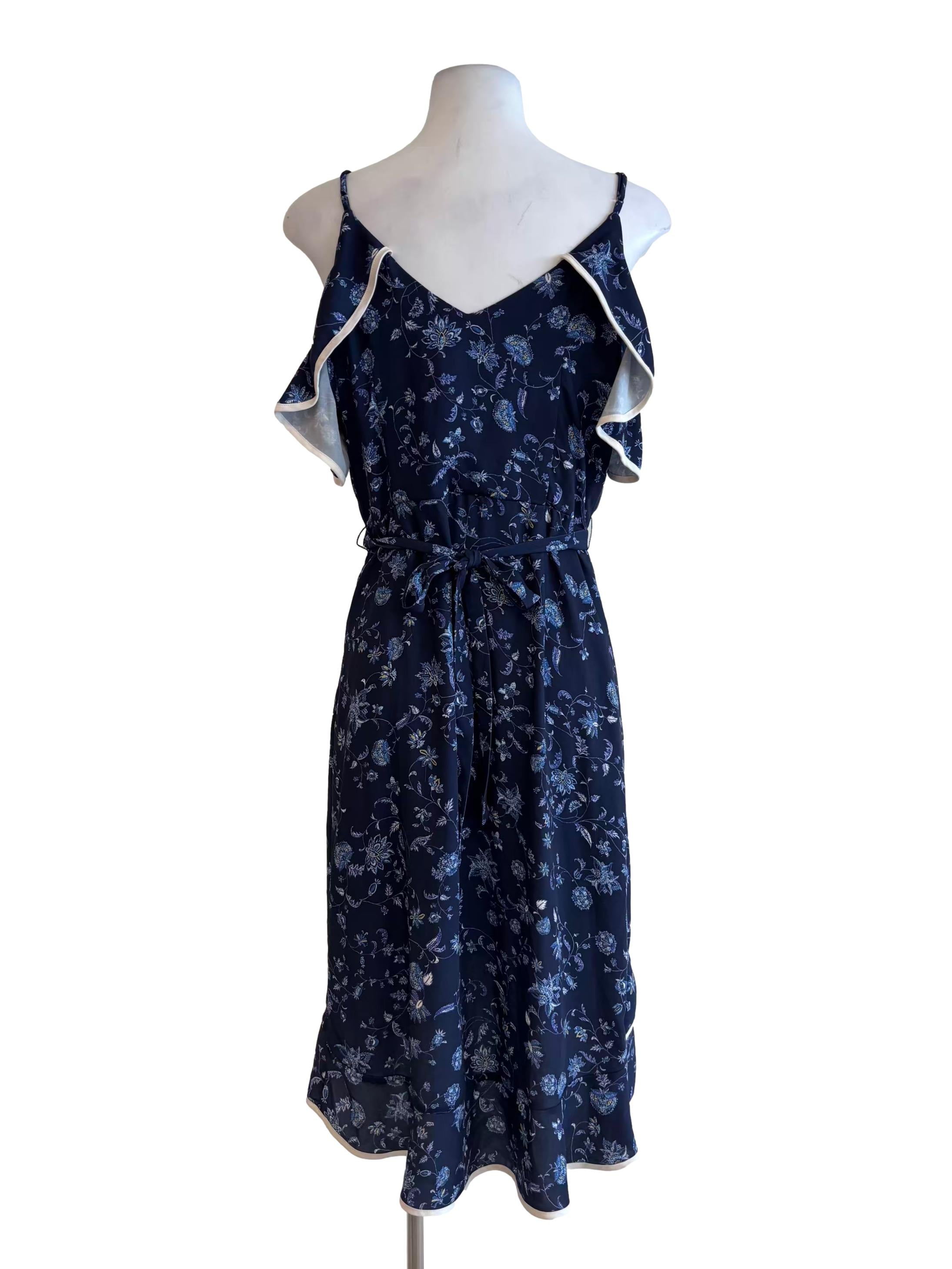 Navy Blue Floral Ruffle Surplice Dress