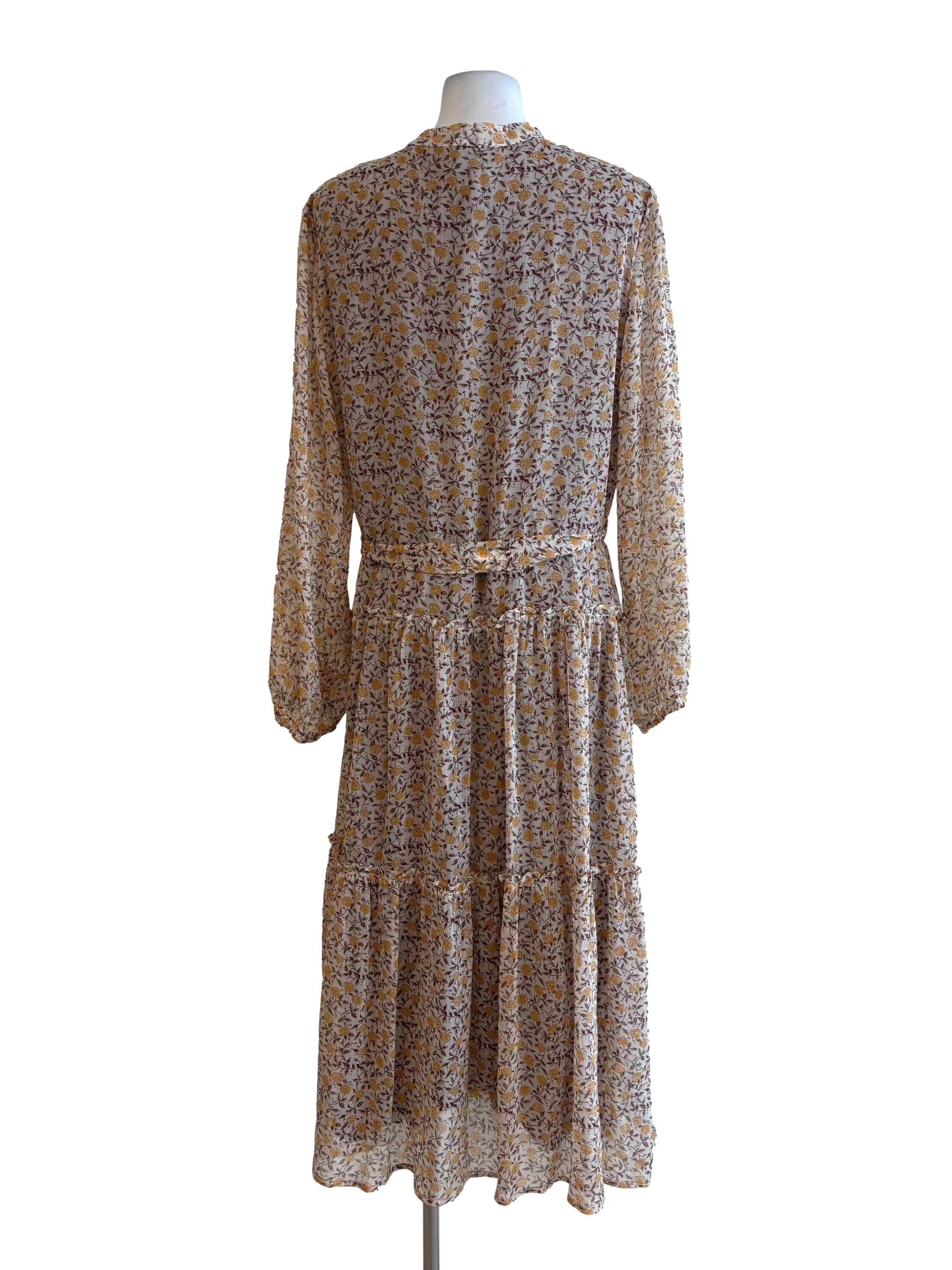 Almond Floral Long Sleeve Chiffon Dress