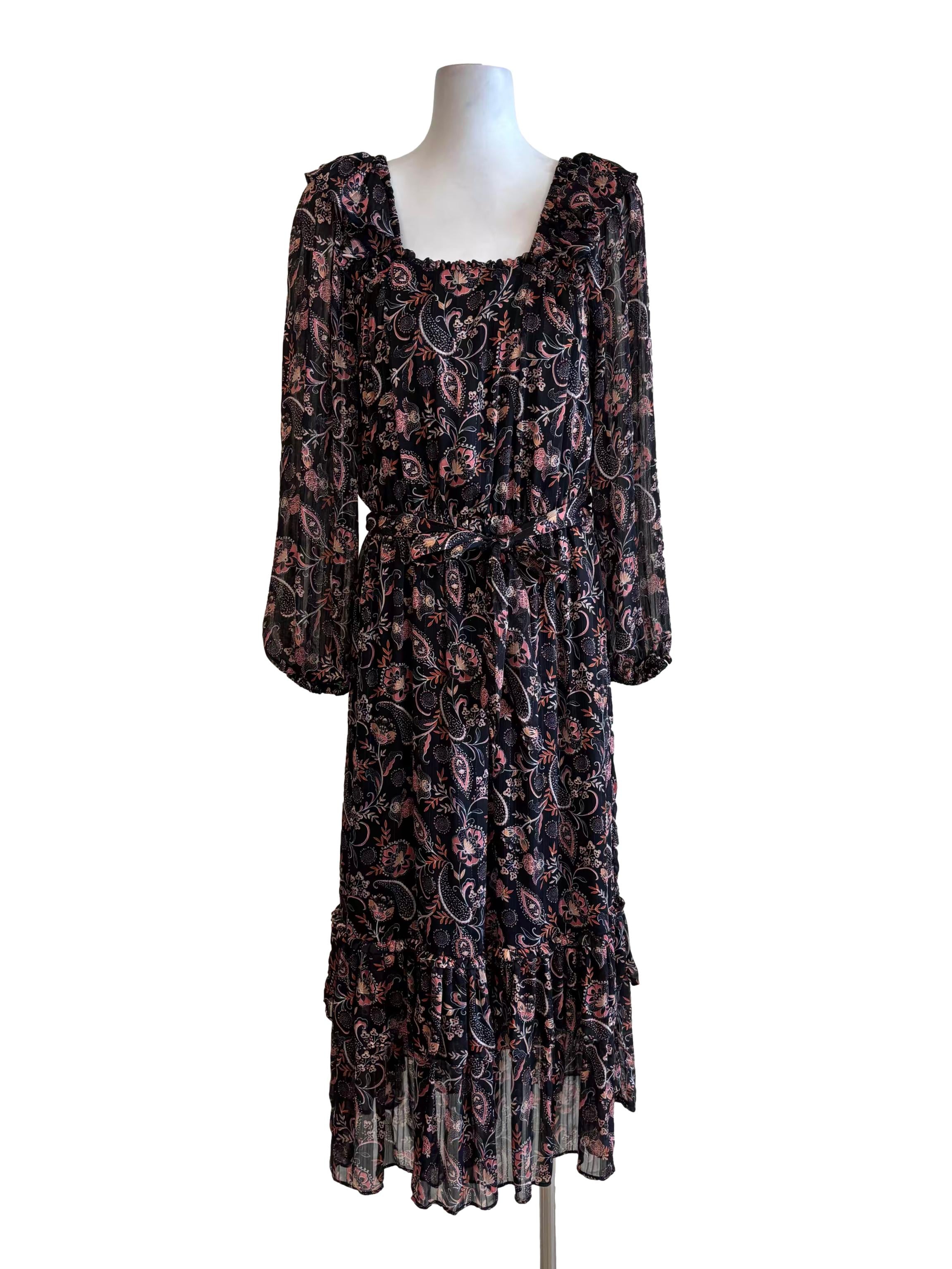Jet Black Square Neck Patterned Tier Dress