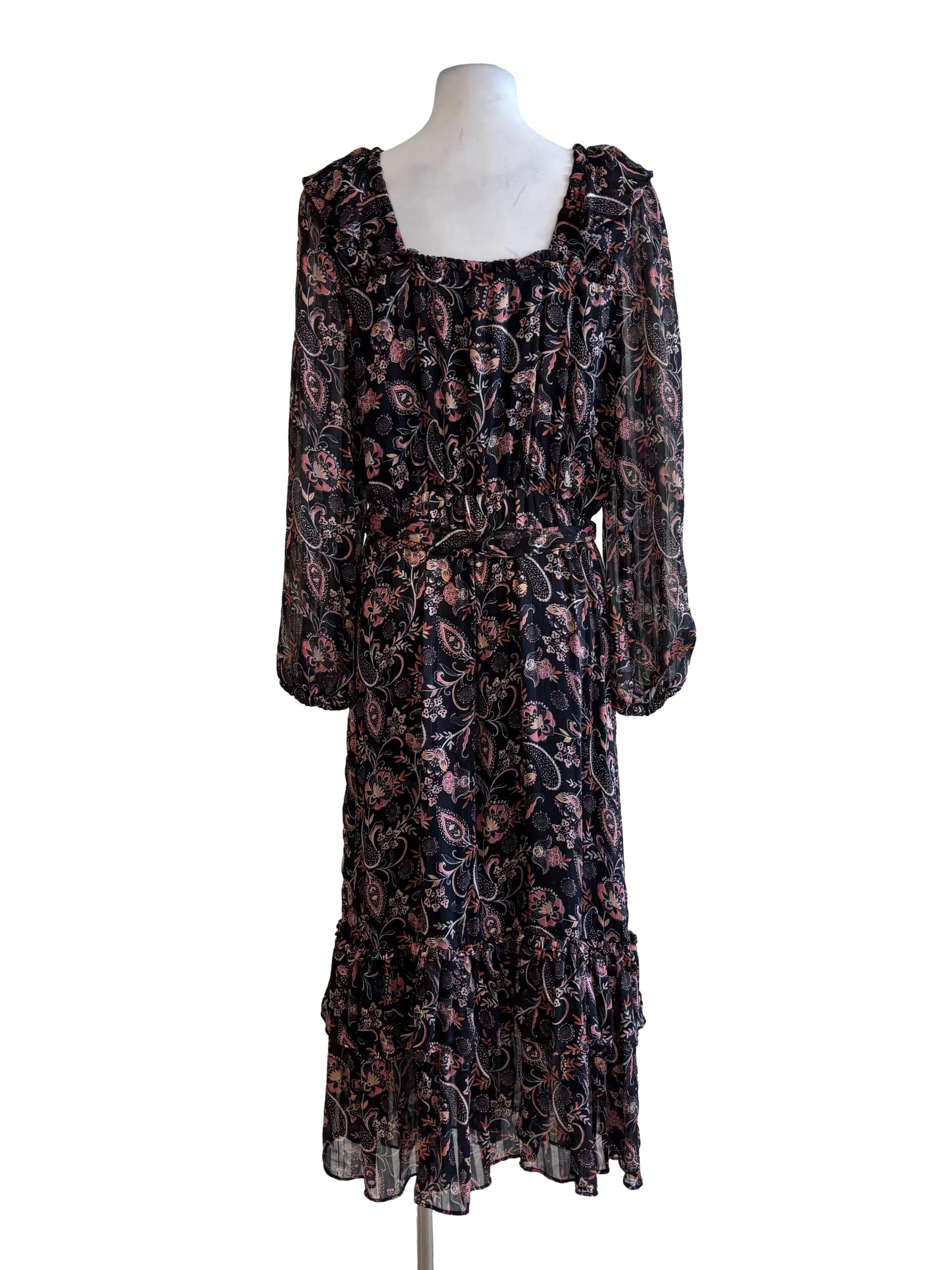 Jet Black Square Neck Patterned Tier Dress