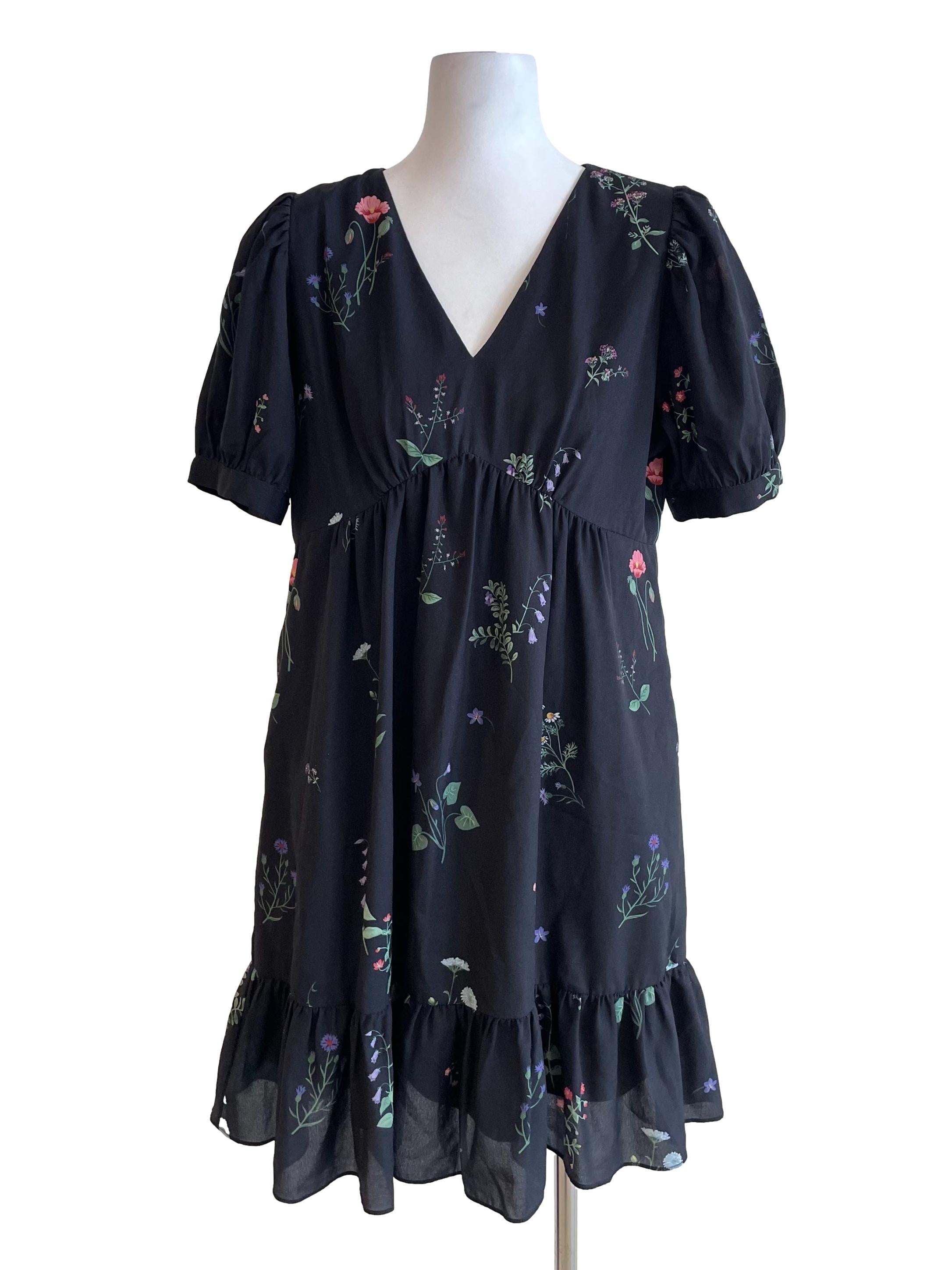 Charcoal V Neck Floral Babydoll Dress