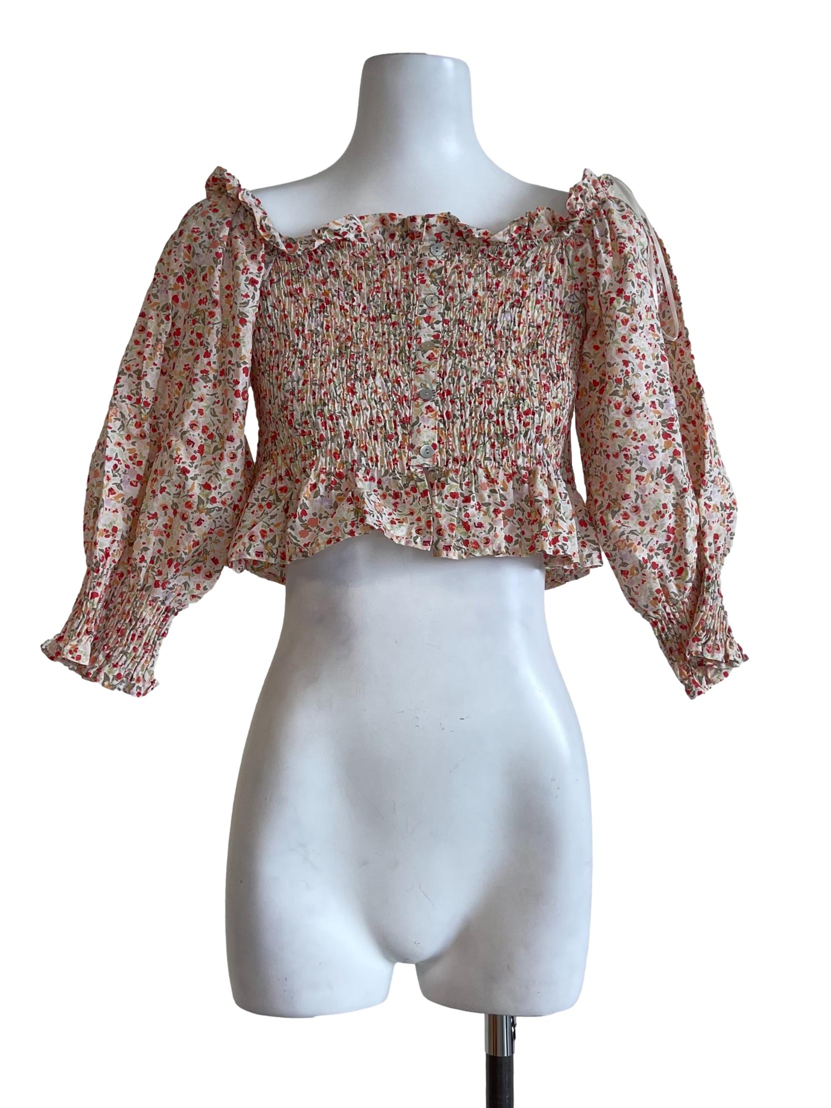 Off White Floral Long Sleeves Fit Blouse