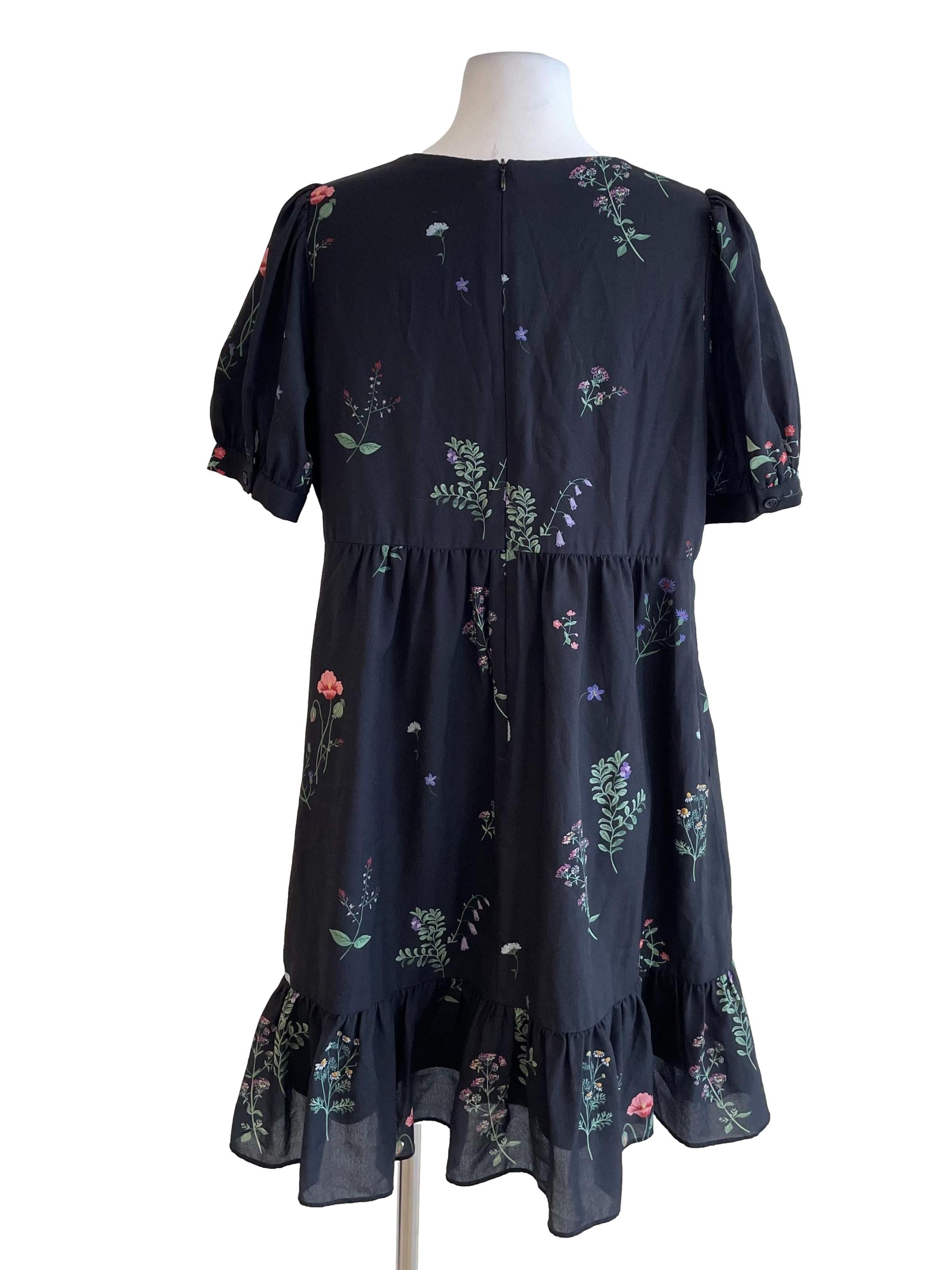 Charcoal V Neck Floral Babydoll Dress