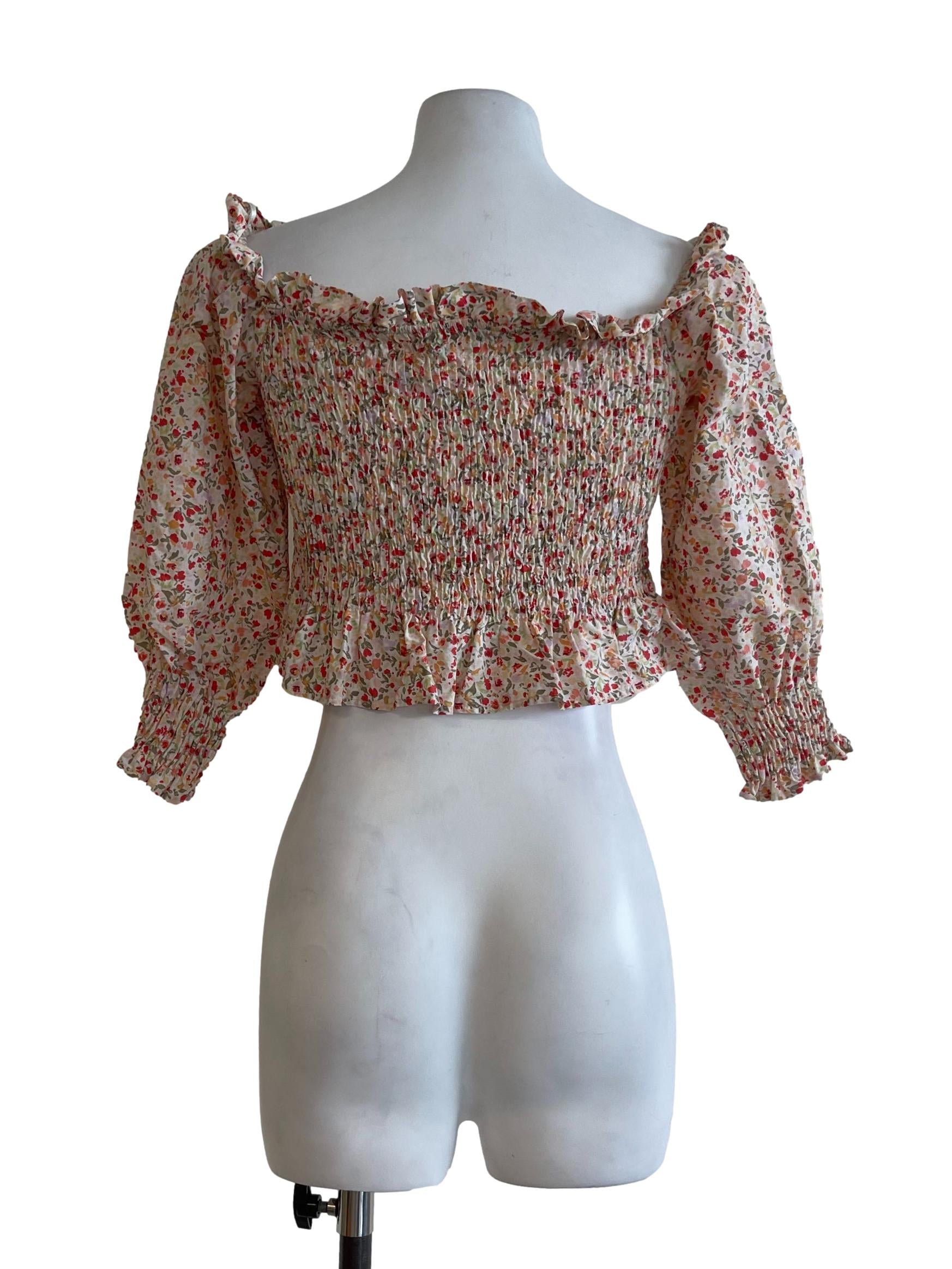 Off White Floral Long Sleeves Fit Blouse