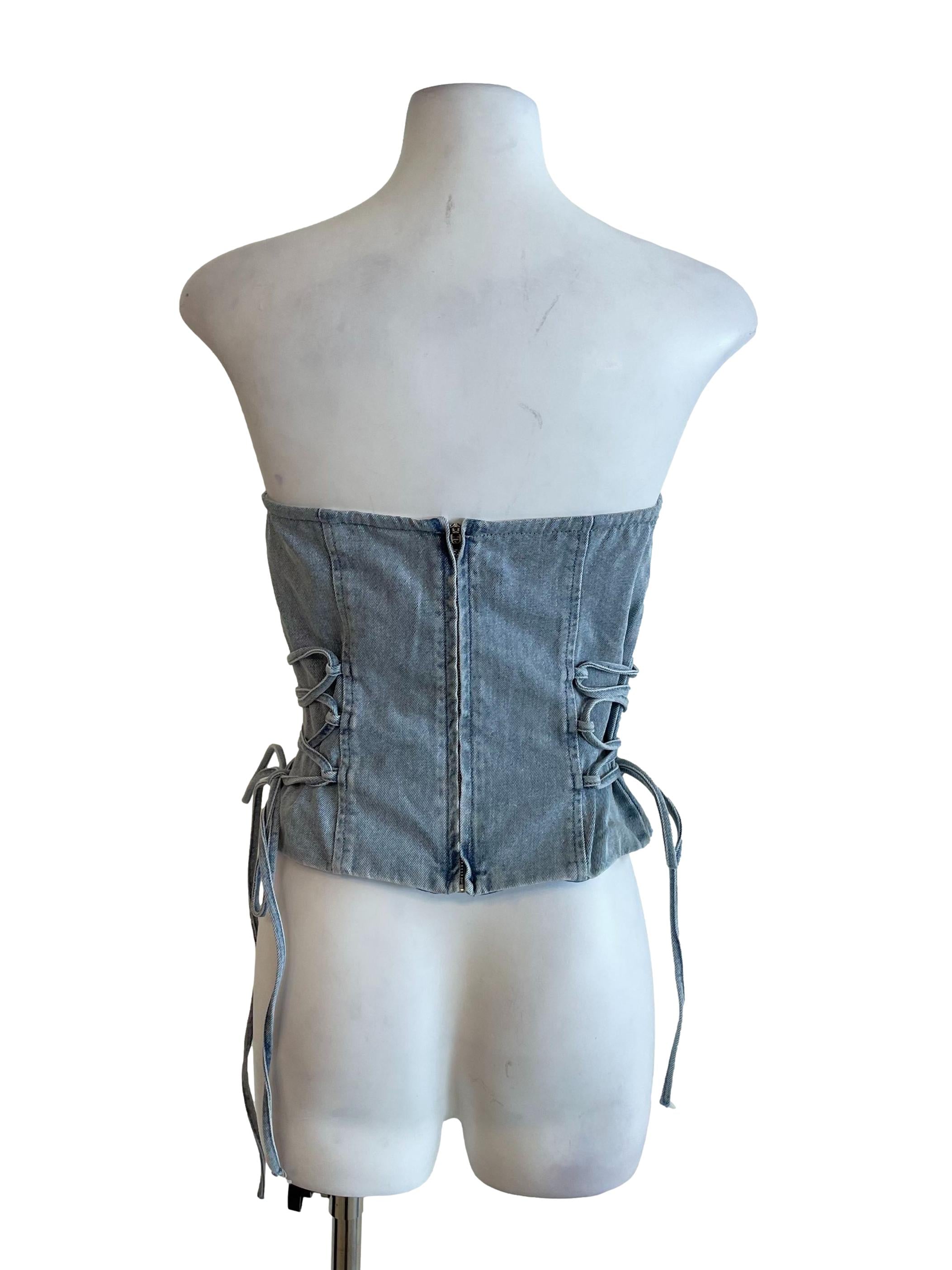 Ash Blue Lace Up Strapless Denim Top