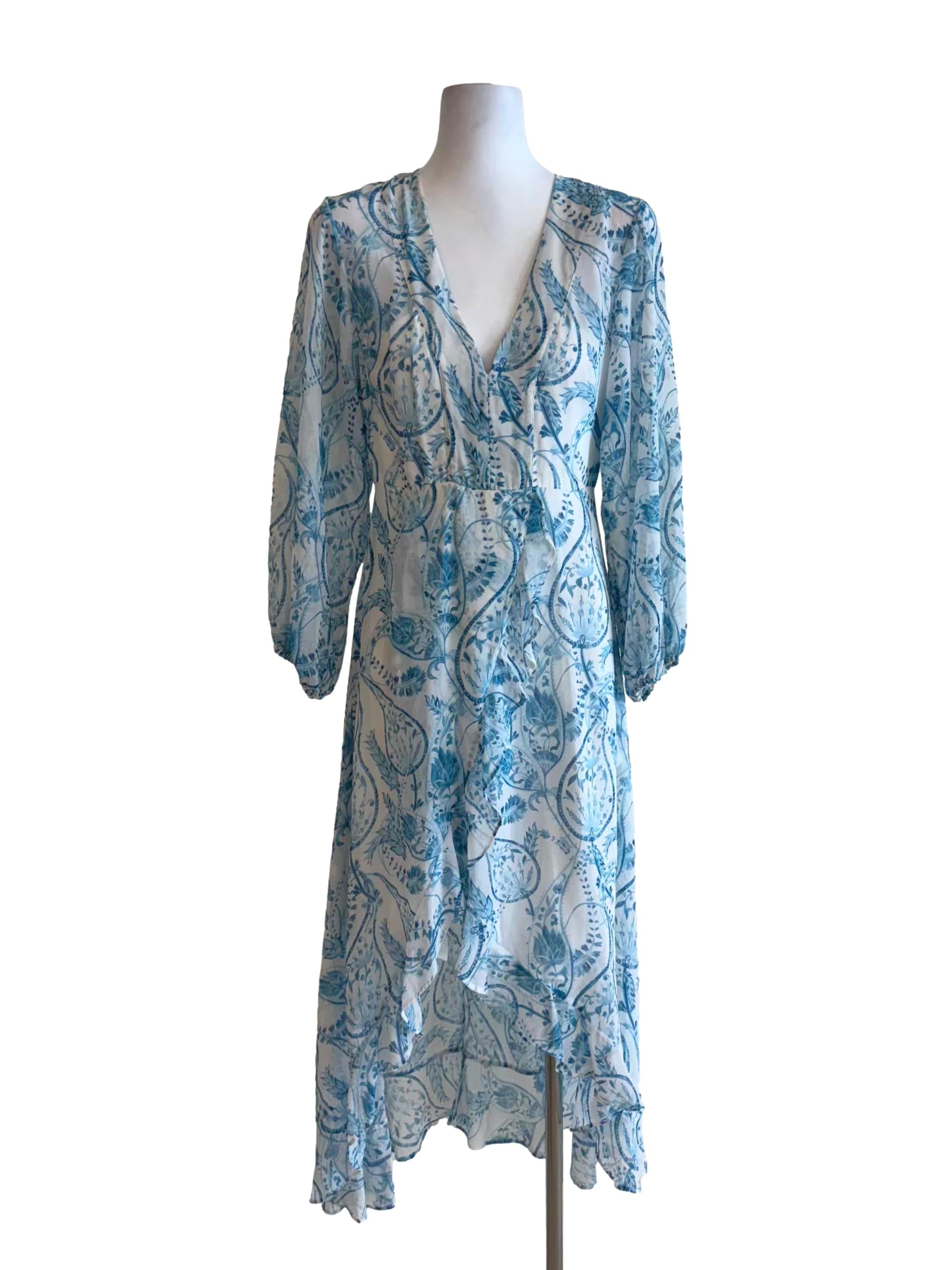 Baby Blue High Low Patterned Chiffon Dress