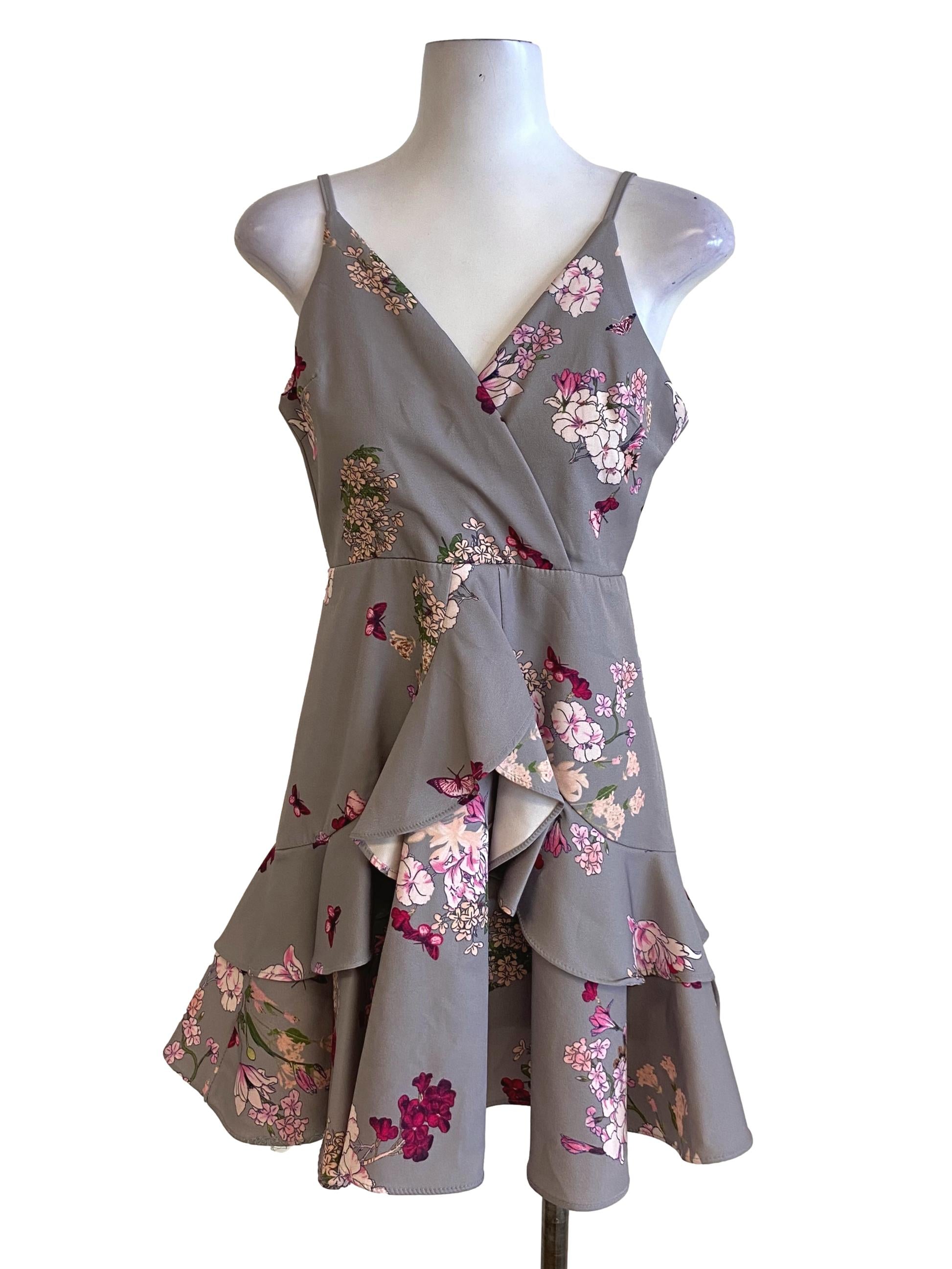 Ash Grey Floral Spaghetti Strap Layered Ruffled Sun Dress