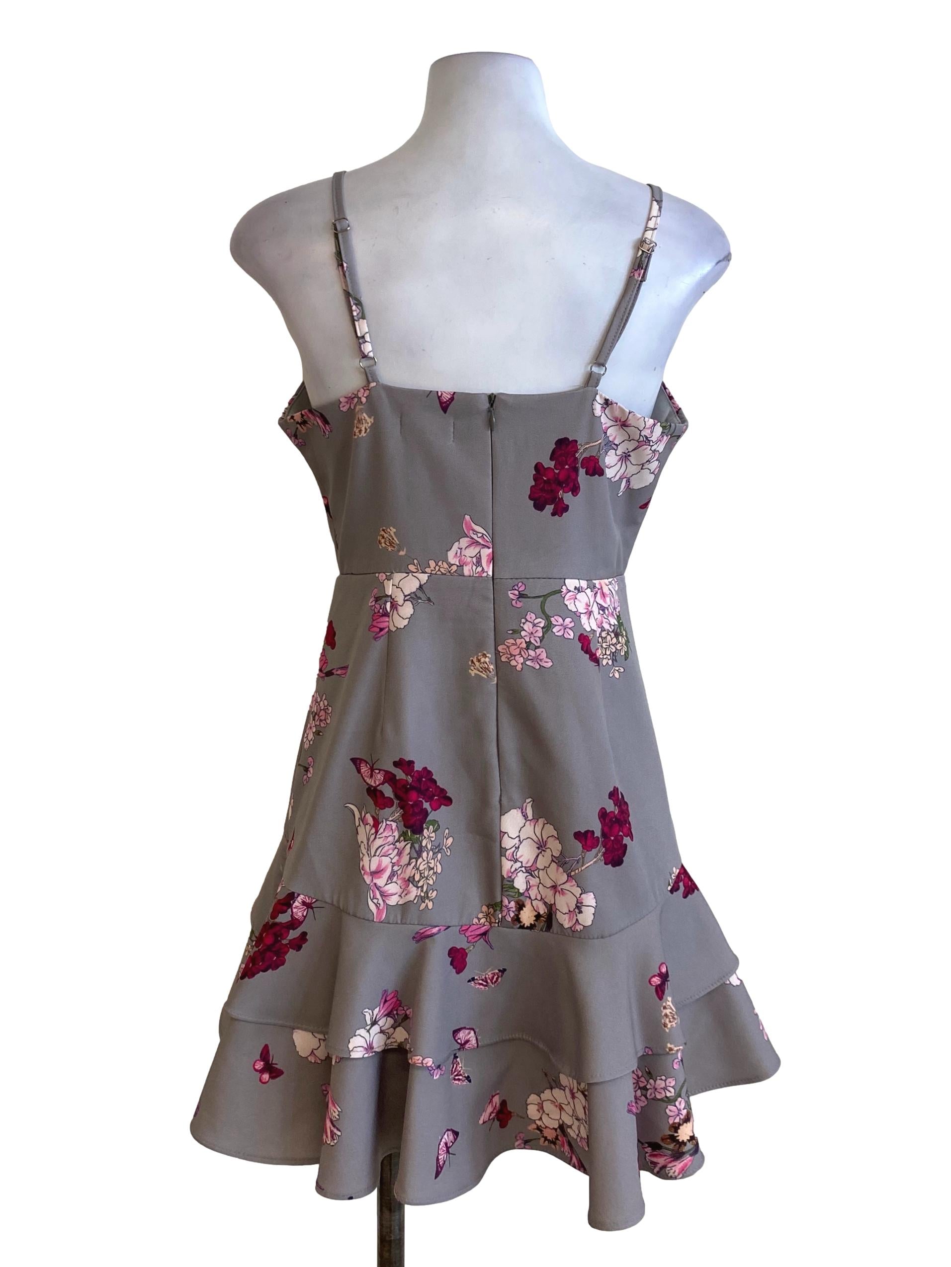 Ash Grey Floral Spaghetti Strap Layered Ruffled Sun Dress