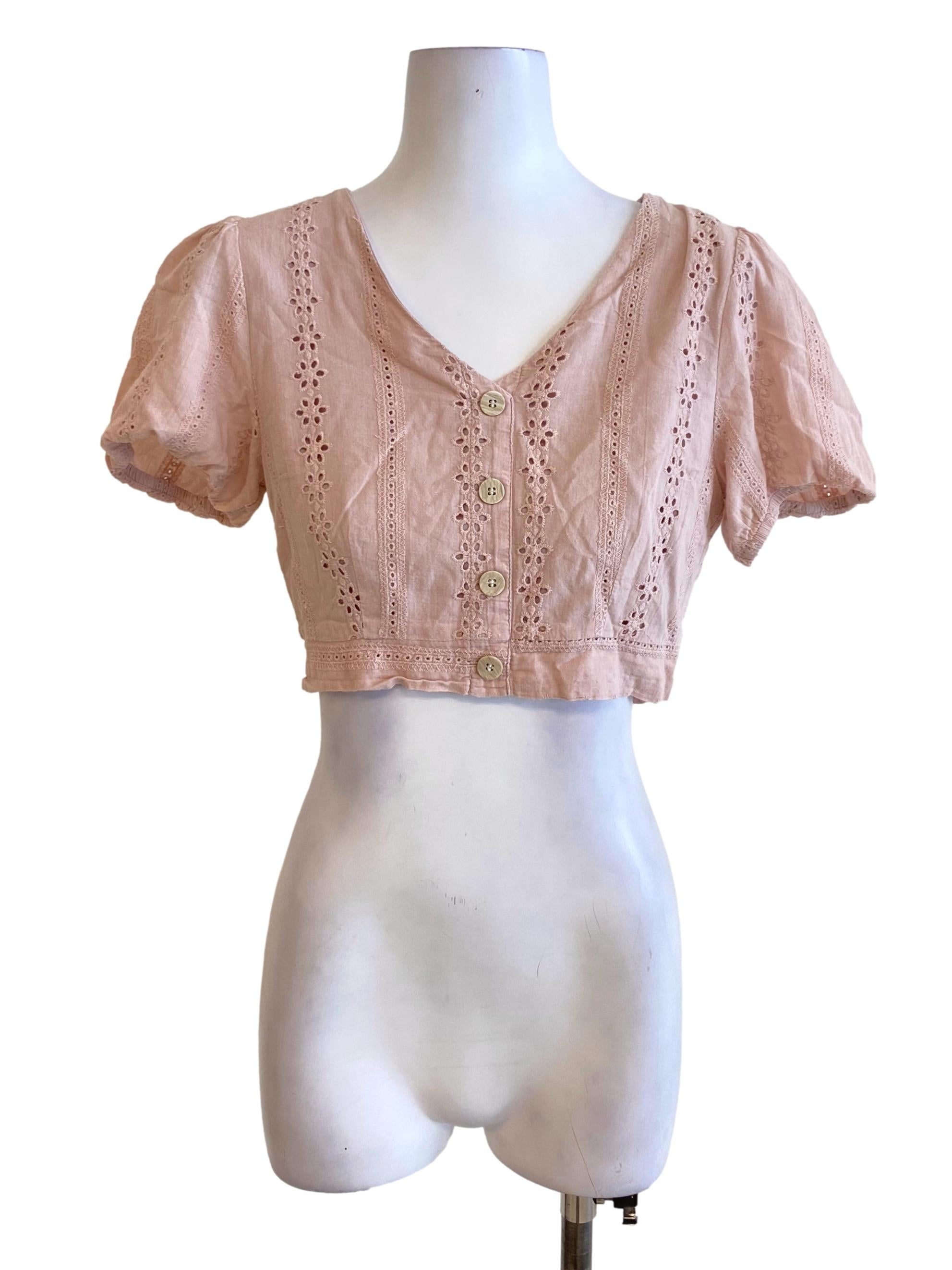 Blush Pink Floral Embroidered Buttoned Down Peasant Sleeved Cropped Top